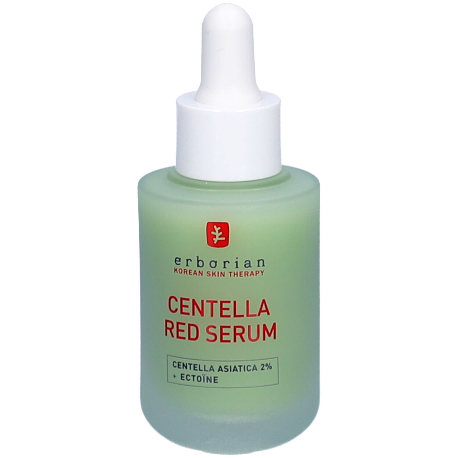 Flacon Erborian Centella Red Serum avec pipette. Liquide vert, pipette et bouchon blancs. Texte rouge sur l'étiquette.