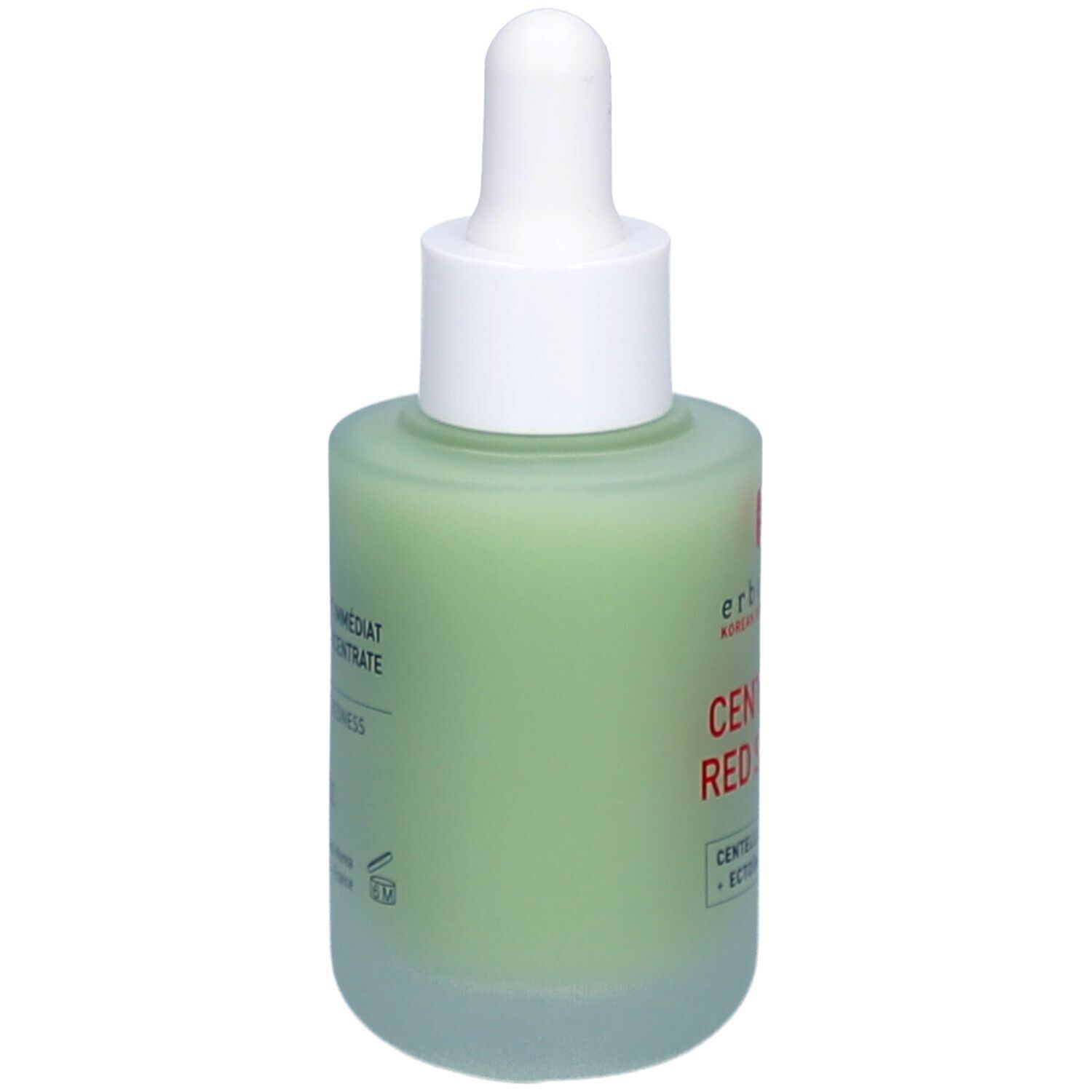 Flacon Erborian Centella Red Serum de côté. Liquide vert, pipette et bouchon blancs. Texte rouge sur l'étiquette.