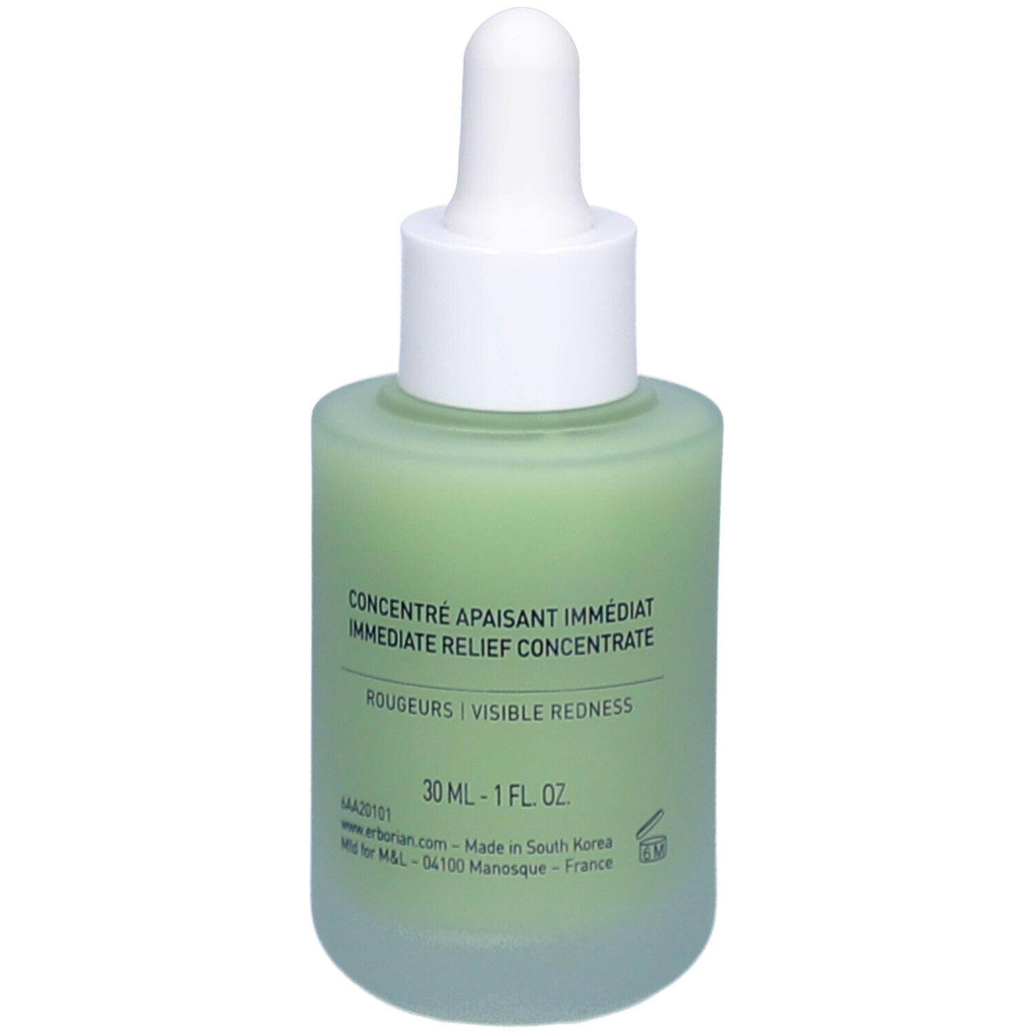 Flacon Erborian Centella Red Serum avec pipette. Liquide vert, pipette et bouchon blancs. Texte sur l'étiquette.