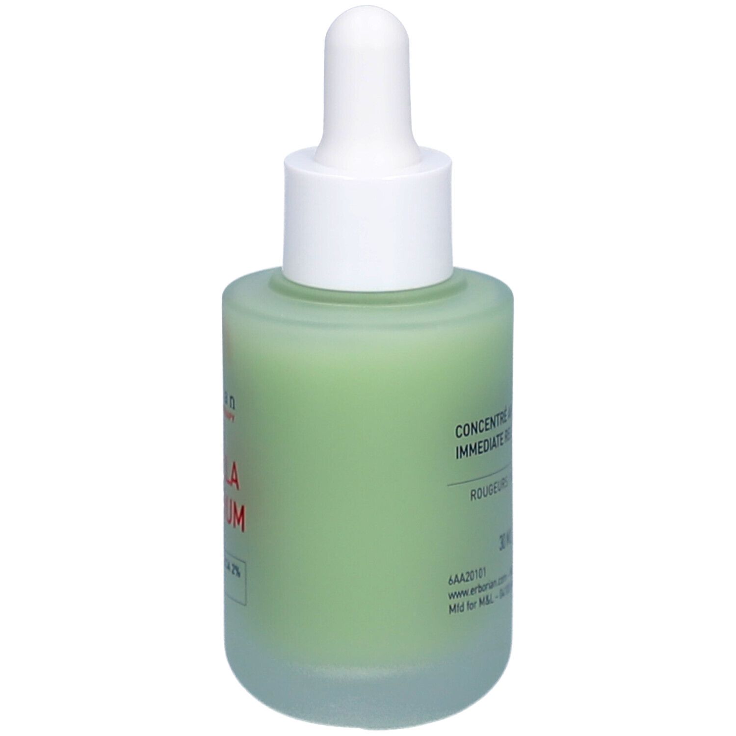 Flacon Erborian Centella Red Serum de côté. Liquide vert, pipette et bouchon blancs. Texte rouge sur l'étiquette.