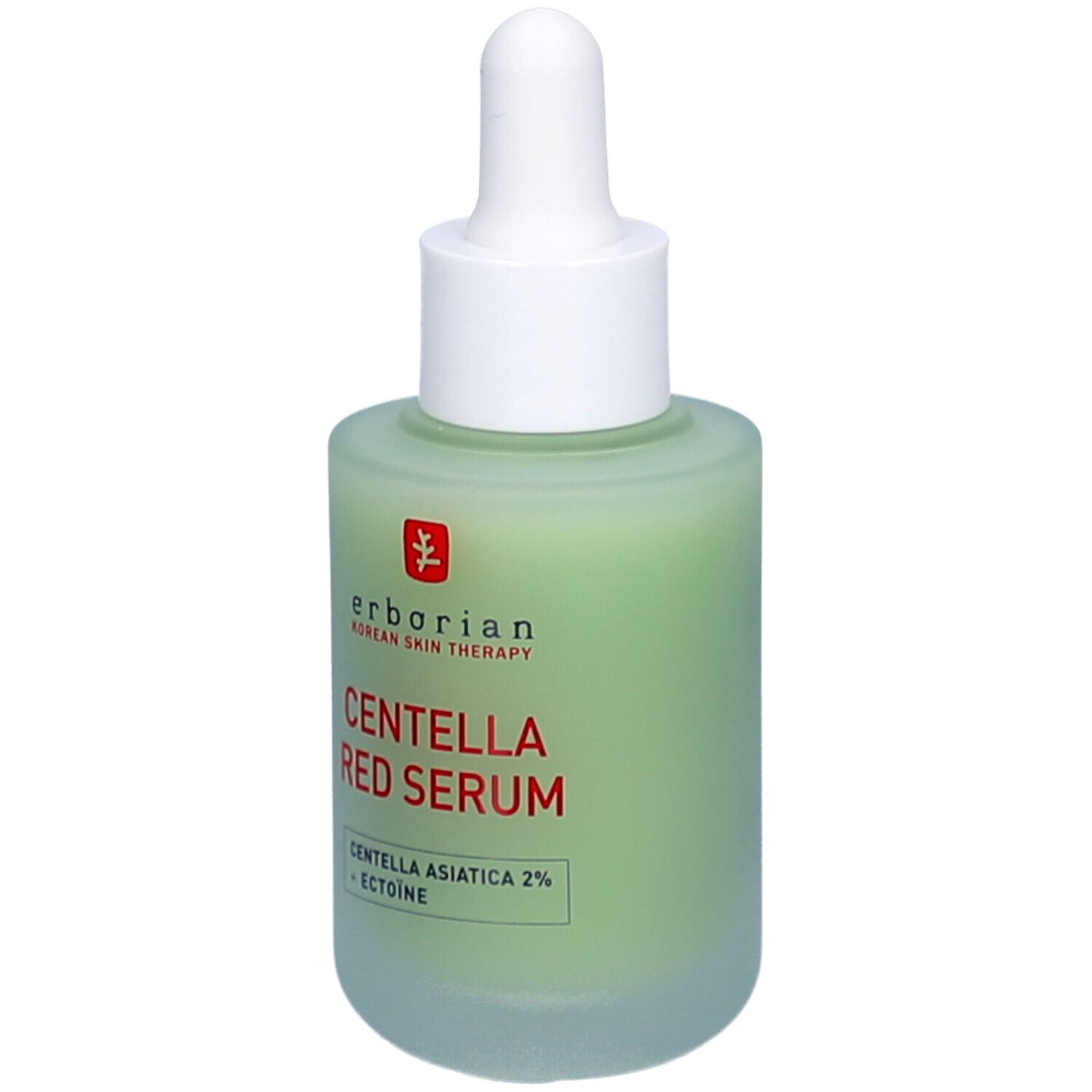 Flacon Erborian Centella Red Serum avec pipette. Liquide vert, pipette et bouchon blancs. Texte rouge sur l'étiquette.