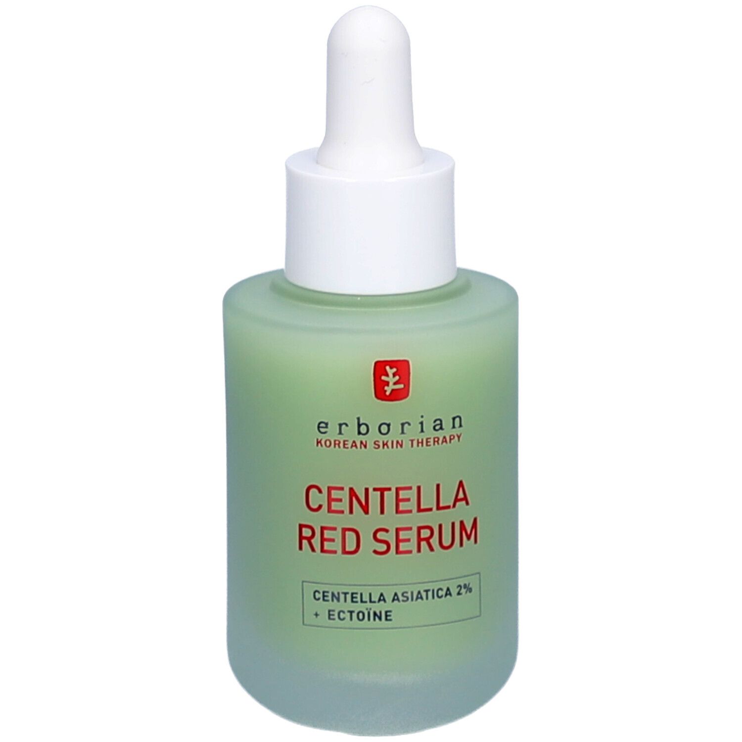 Flacon Erborian Centella Red Serum avec pipette. Liquide vert, pipette et bouchon blancs. Texte rouge sur l'étiquette.