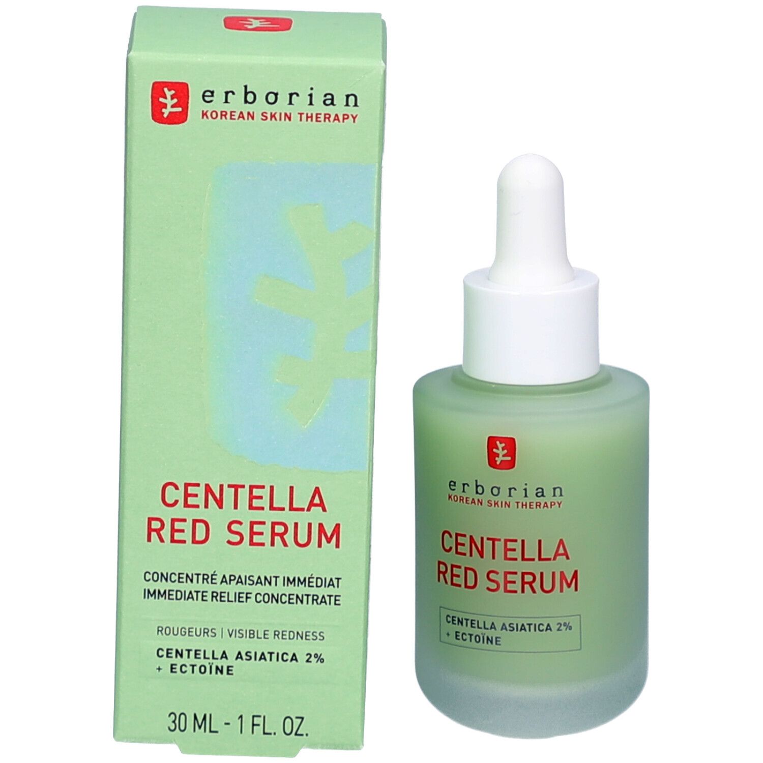 Flacon et boîte Erborian Centella Red Serum. Emballage vert avec texte rouge. Flacon avec liquide vert et pipette.