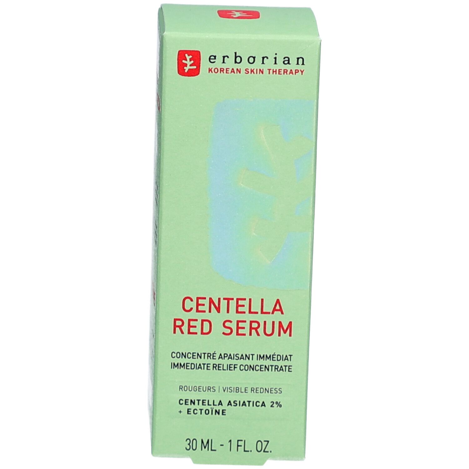 Boîte pour Erborian Centella Red Serum. Emballage vert avec texte rouge et motif. Contient des informations sur le produit.