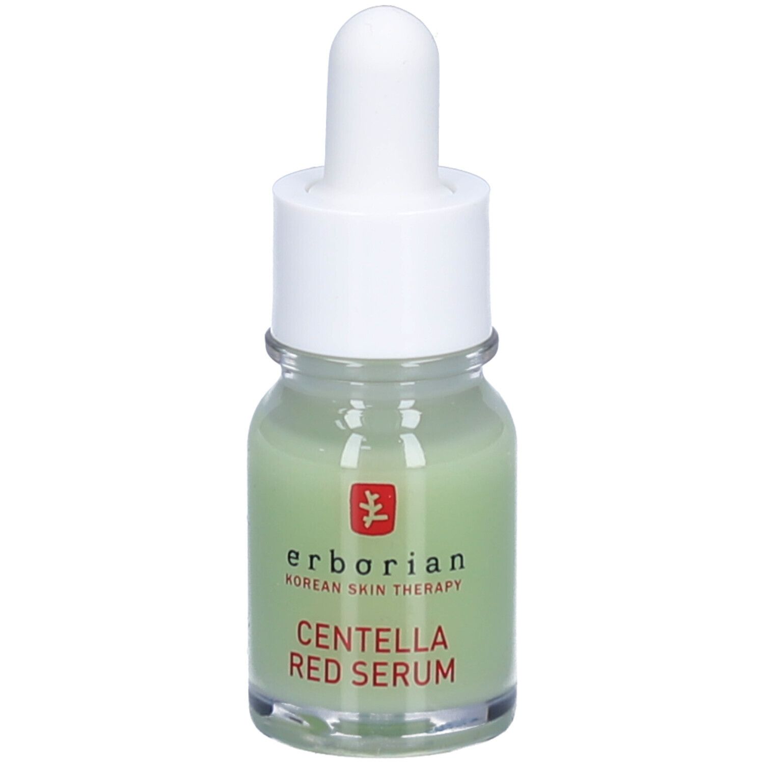 Sérum vert dans un flacon en verre avec bouchon blanc et pipette. Inscription: CENTELLA RED SERUM.