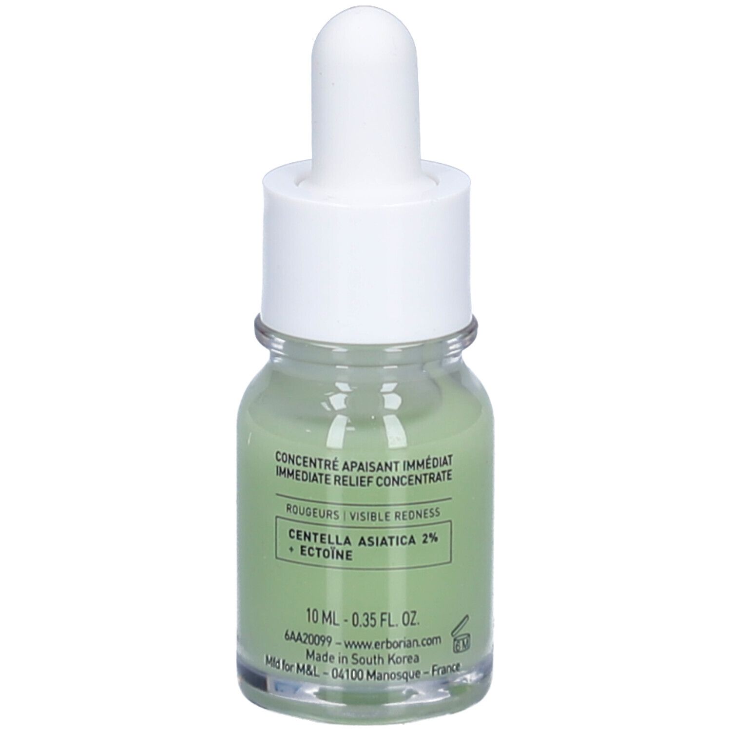 Petite bouteille en verre avec liquide vert, bouchon blanc et pipette. Inscription: CENTELLA ASIATICA 2% + ECTOINE. 10 ml.