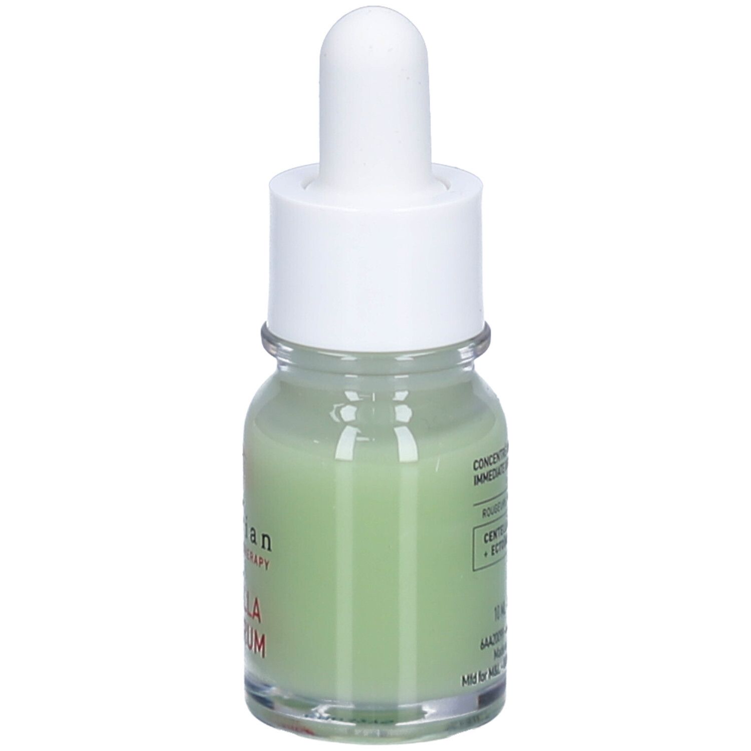 Petite bouteille en verre avec liquide vert, bouchon blanc et pipette. Inscription: CENTELLA RED SERUM. Texte au dos.