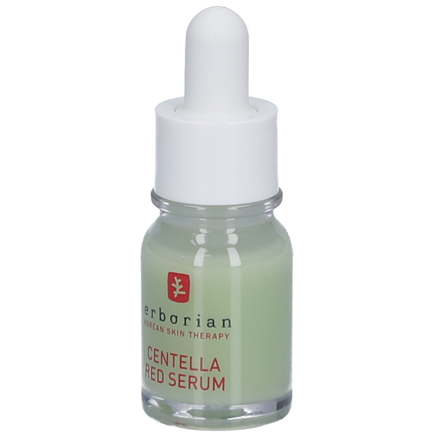 Petite bouteille en verre avec liquide vert, bouchon blanc et pipette. Inscription: CENTELLA RED SERUM.
