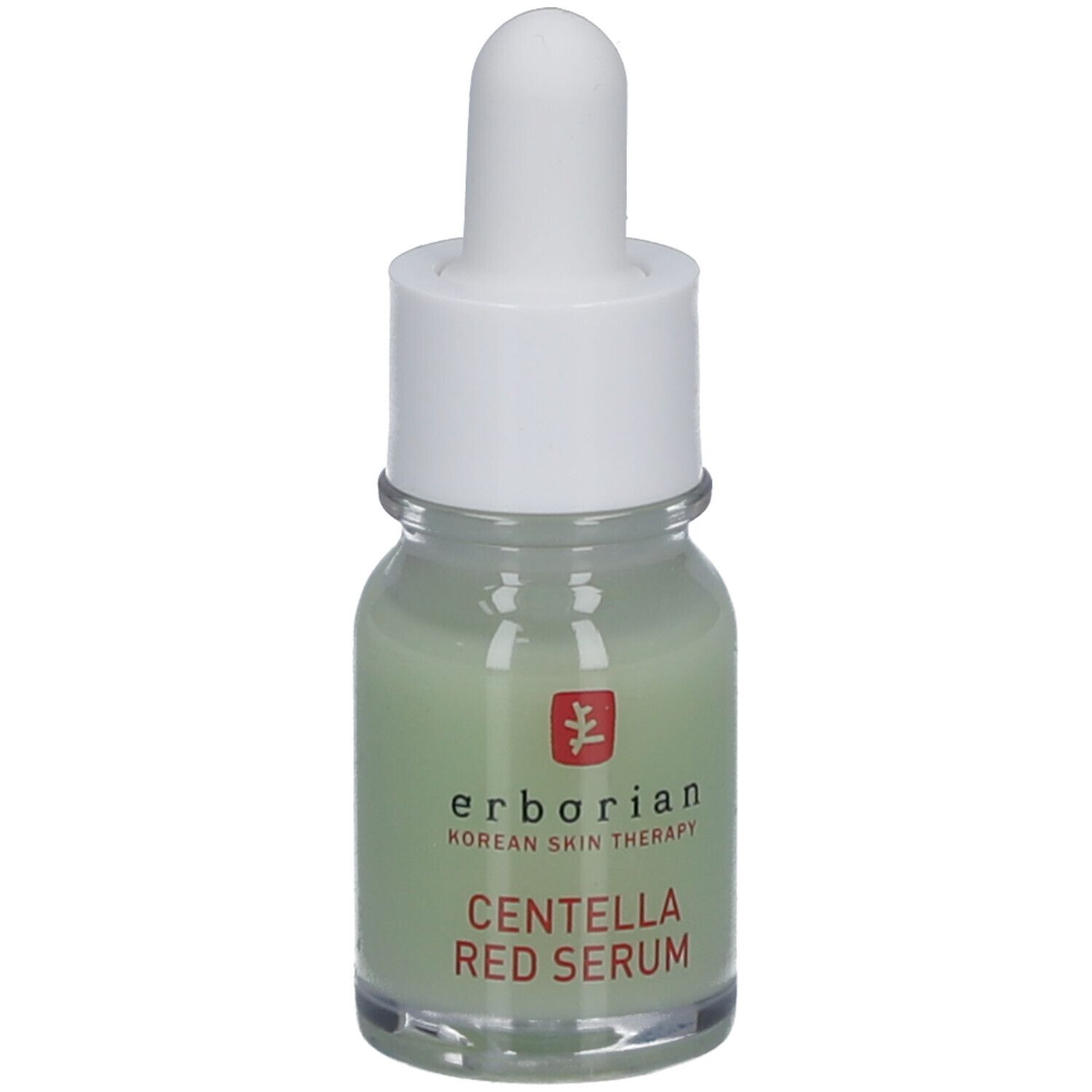 Petite bouteille en verre avec liquide vert, bouchon blanc et pipette. Inscription: CENTELLA RED SERUM.