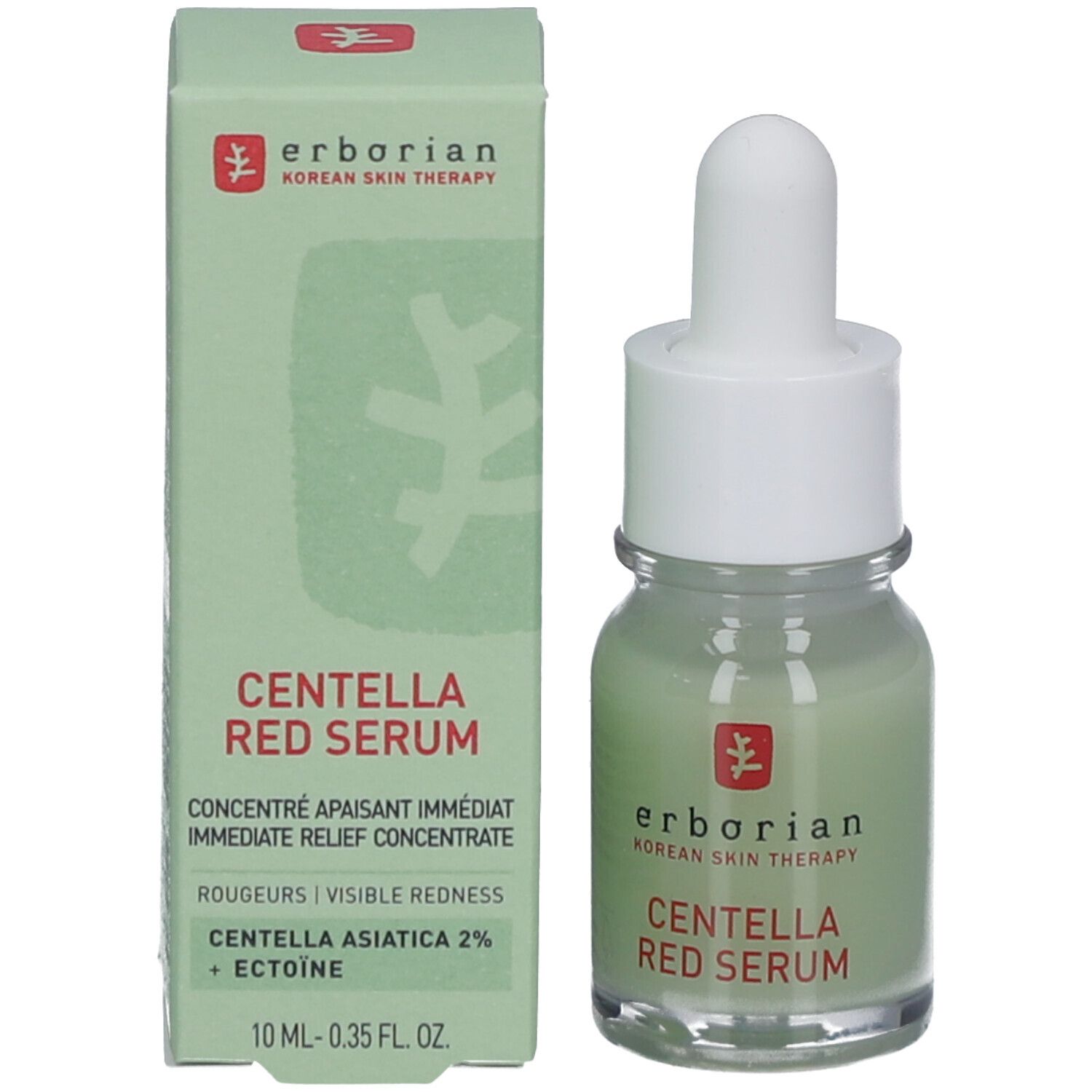 Flacon et emballage. Flacon avec liquide vert, bouchon blanc et pipette. Emballage avec texte: CENTELLA RED SERUM.