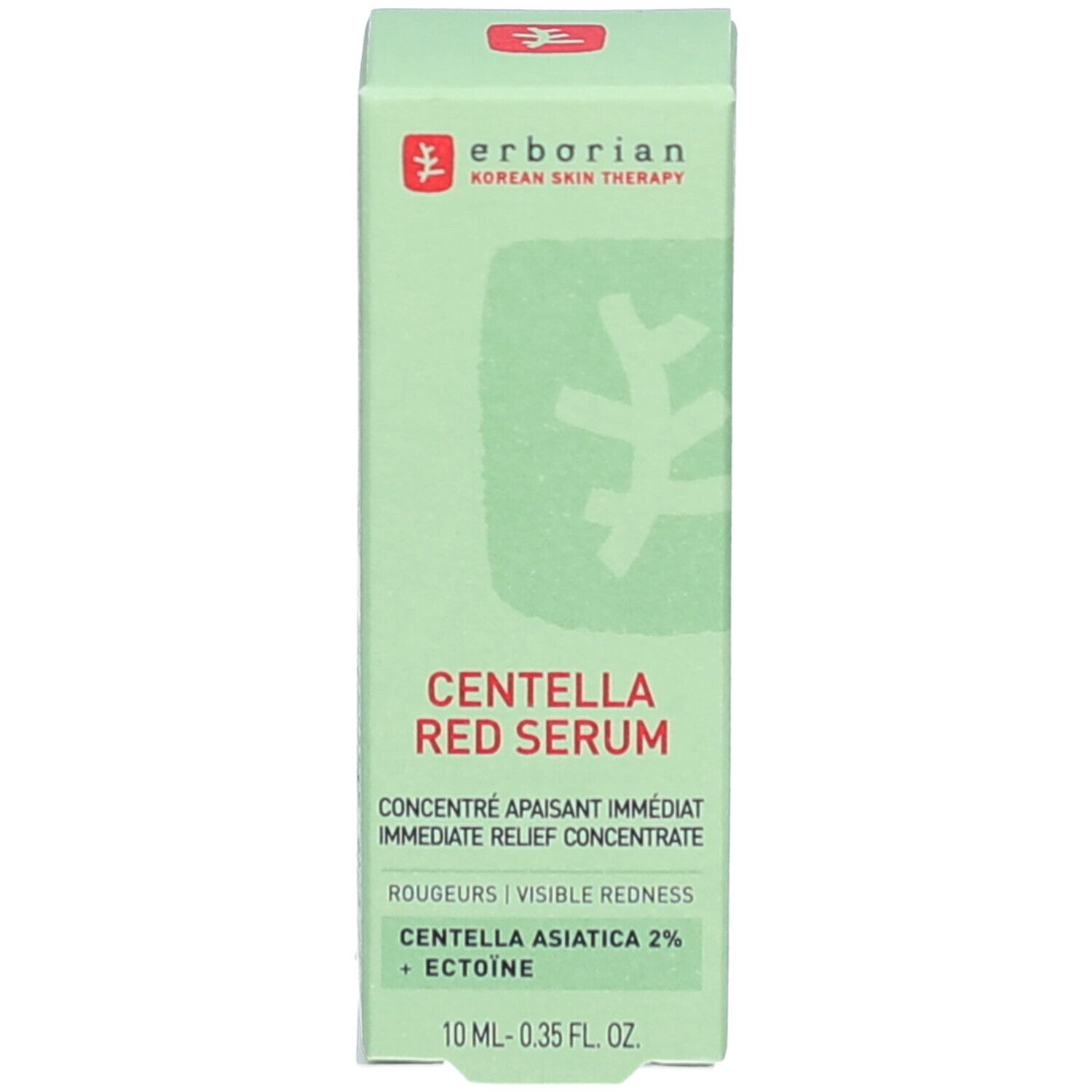 Emballage vert avec texte: CENTELLA RED SERUM. Contient des informations sur le produit et les ingrédients.