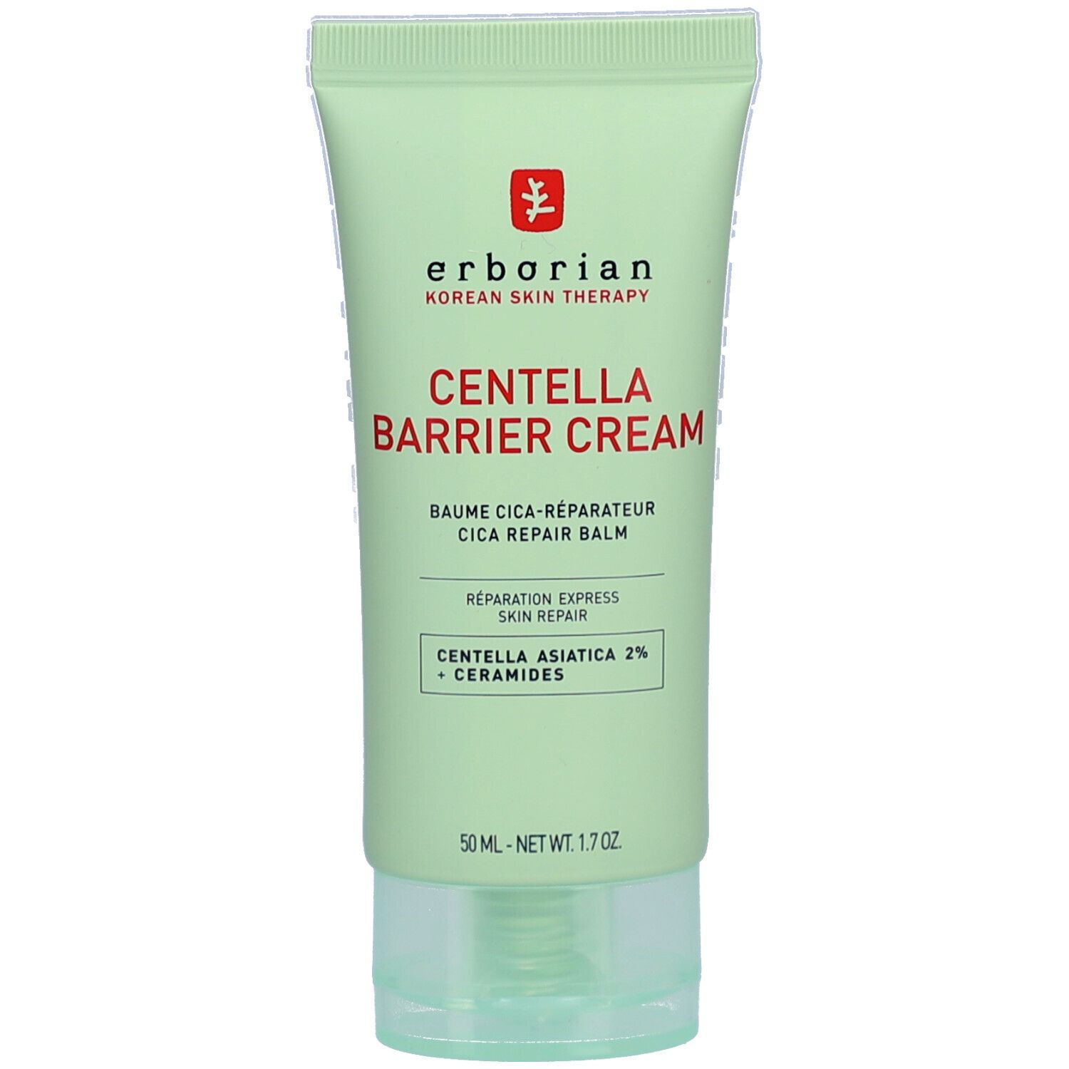 Tube verte avec texte blanc. Nom du produit: CENTELLA BARRIER CREAM. Marque: erborian. Contient Centella Asiatica et céramides.
