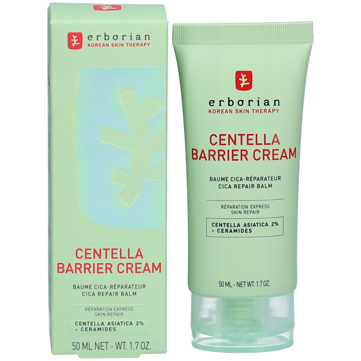 Emballage du produit: tube et boîte. Nom du produit: CENTELLA BARRIER CREAM. Marque: erborian. Contient Centella Asiatica et céramides.