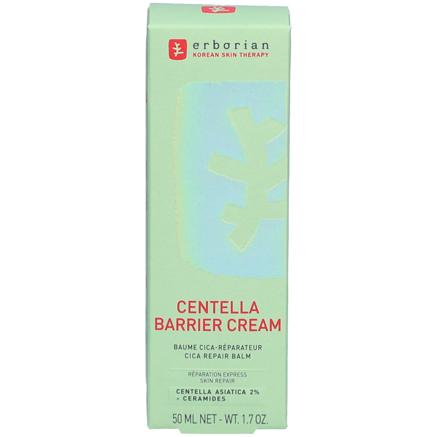 Boîte verte avec nom du produit: CENTELLA BARRIER CREAM. Marque: erborian. Contient Centella Asiatica et céramides. 50 ml.