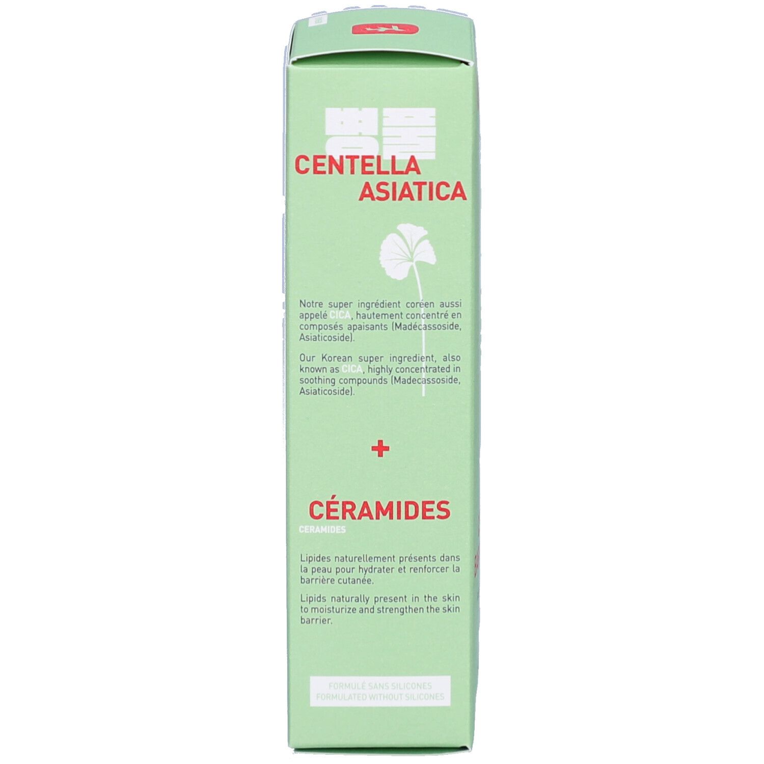 Boîte verte. Texte: CENTELLA ASIATICA + CERAMIDES. Informations sur les ingrédients. Marque: erborian.
