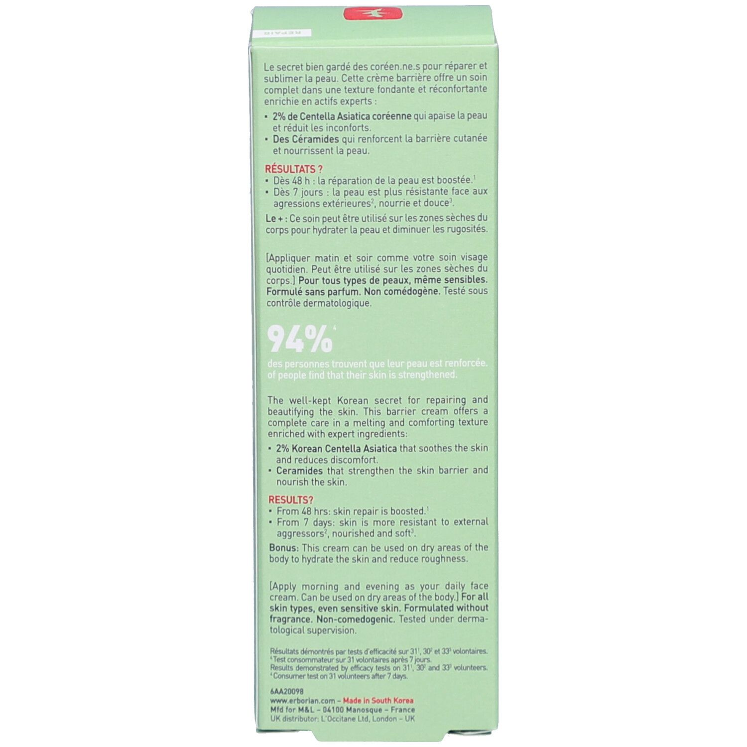 Dos de la boîte verte. Texte multilingue. Informations sur les ingrédients et l'utilisation. Marque: erborian.
