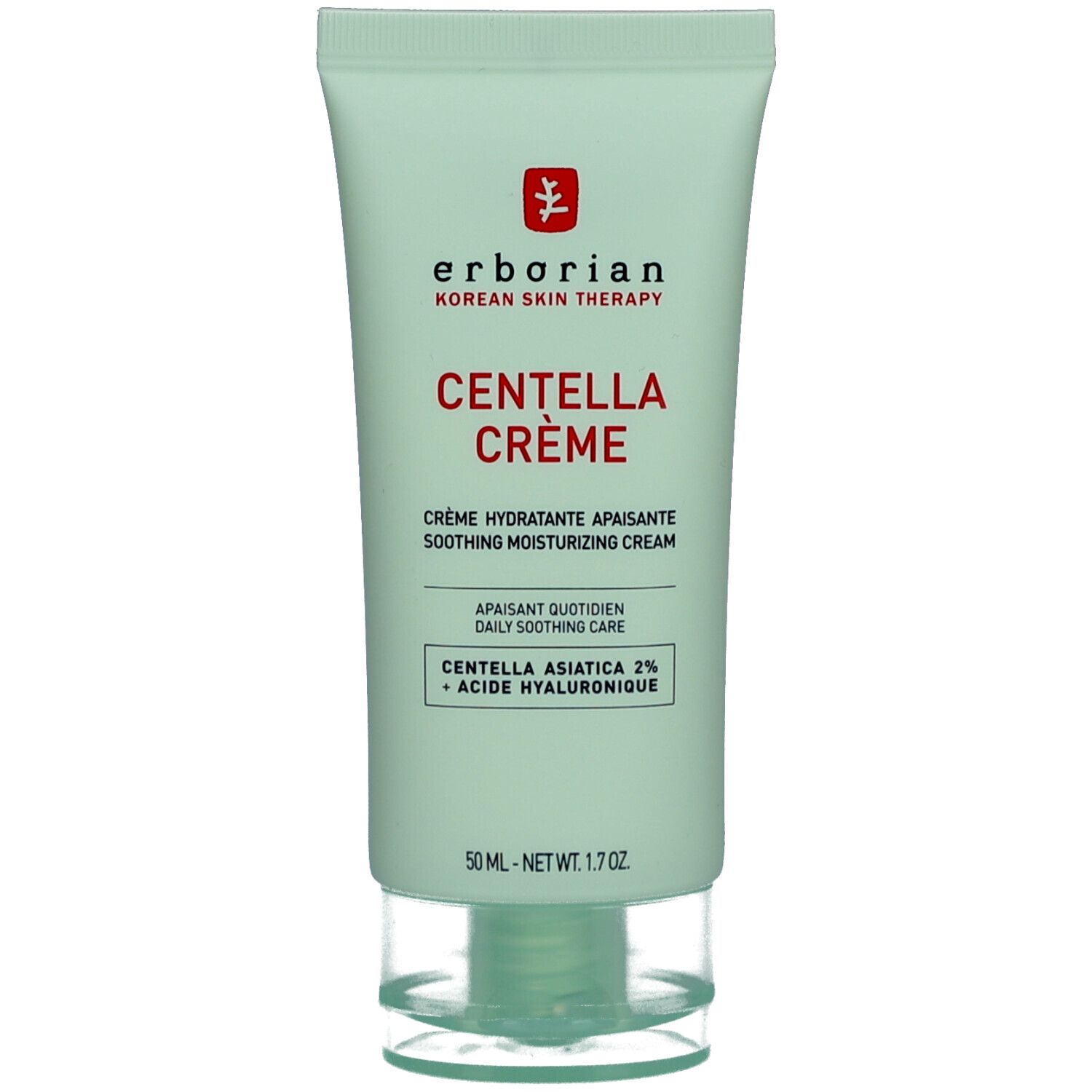 Tube verte avec texte blanc. Contient CENTELLA CRÈME. Marque : Erborian. Inscription : Korean Skin Therapy. 50 ml.