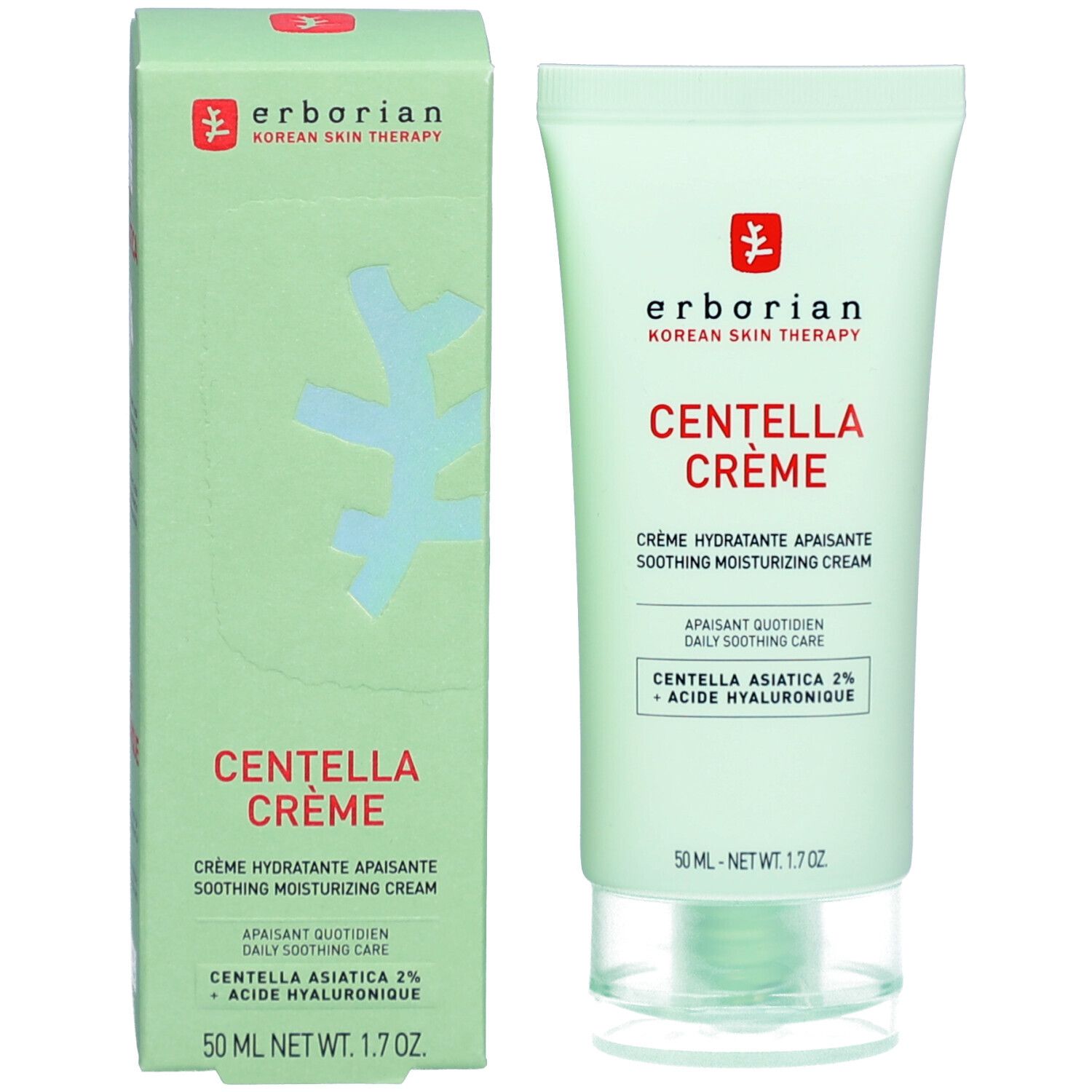 Emballage du produit. Boîte et tube verts. Contient CENTELLA CRÈME. Marque : Erborian. Inscription : Korean Skin Therapy.