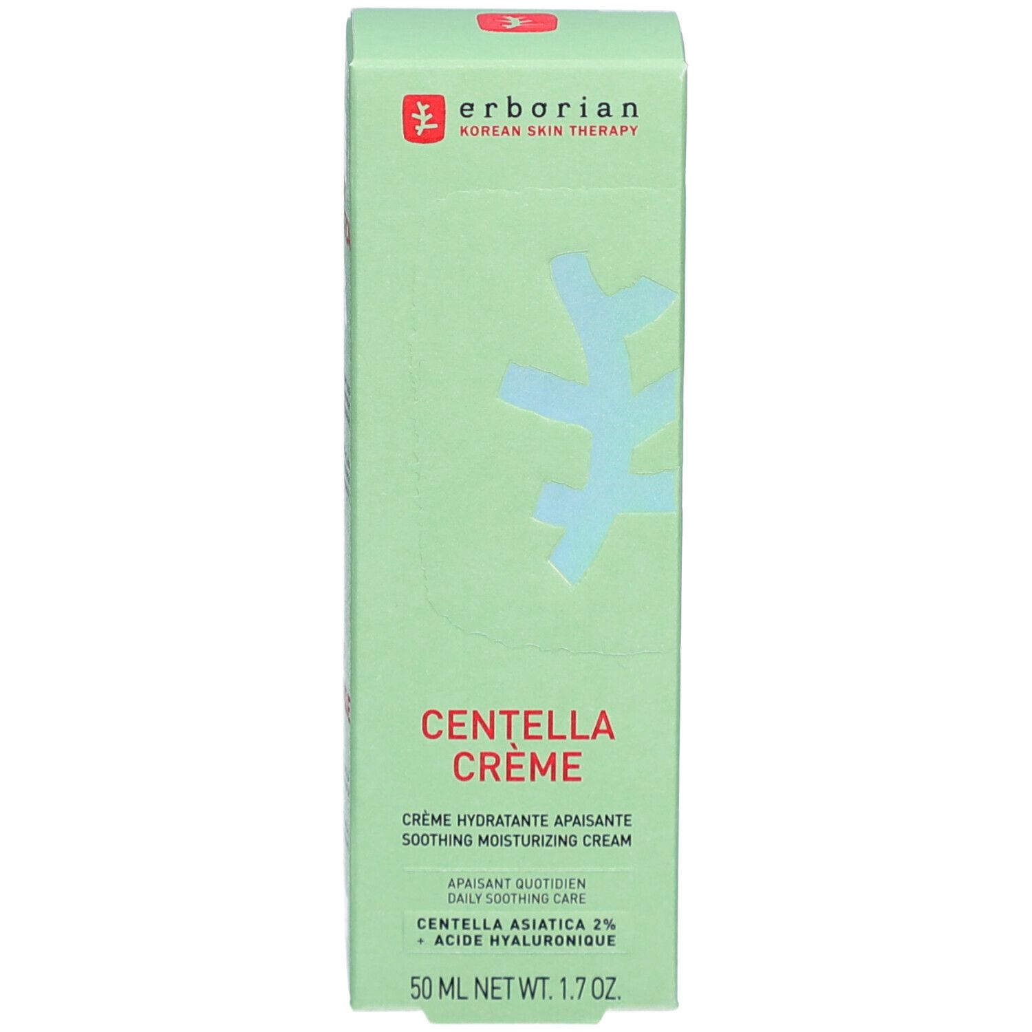 Boîte verte avec texte blanc. Contient CENTELLA CRÈME. Marque : Erborian. Inscription : Korean Skin Therapy. 50 ml.