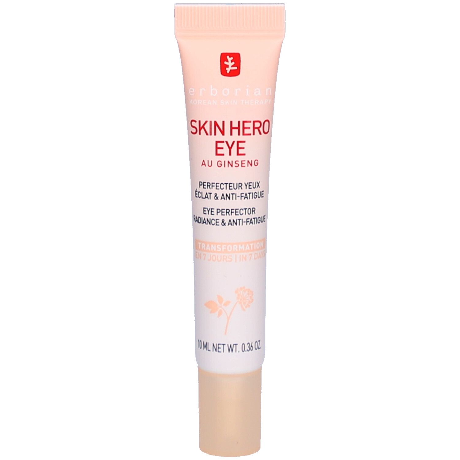 Tube de crème Skin Hero Eye. Inscription: Eye Perfector, 10 ml. Couleurs: rose et blanc.