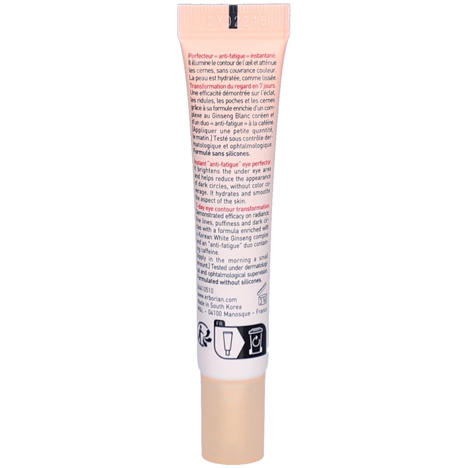 Dos du tube Skin Hero Eye. Texte multilingue. Couleurs: rose et blanc.