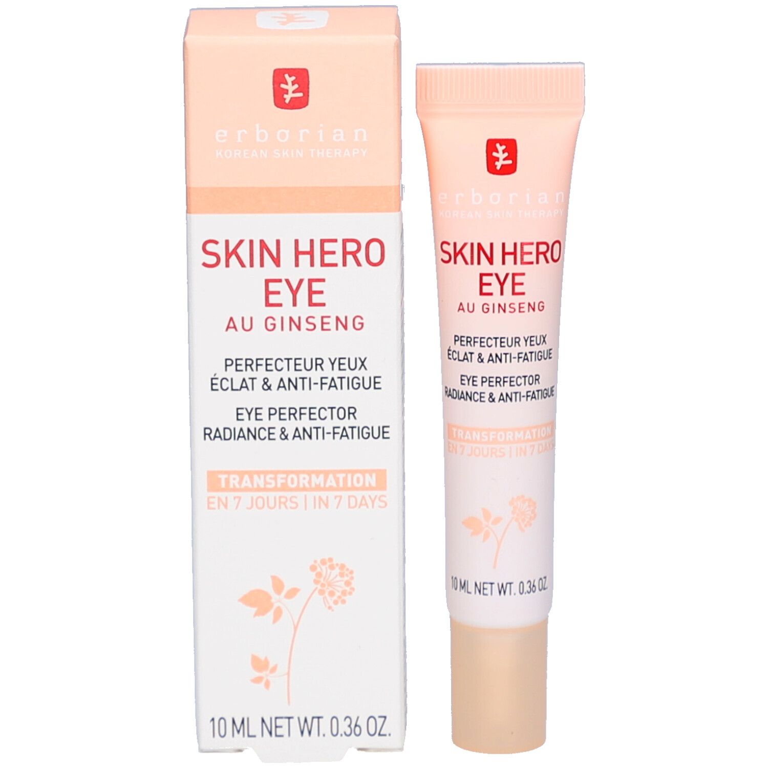 Produit Skin Hero Eye avec emballage. Inscription: Skin Hero Eye, Eye Perfector, 10 ml. Couleurs: rose et blanc.