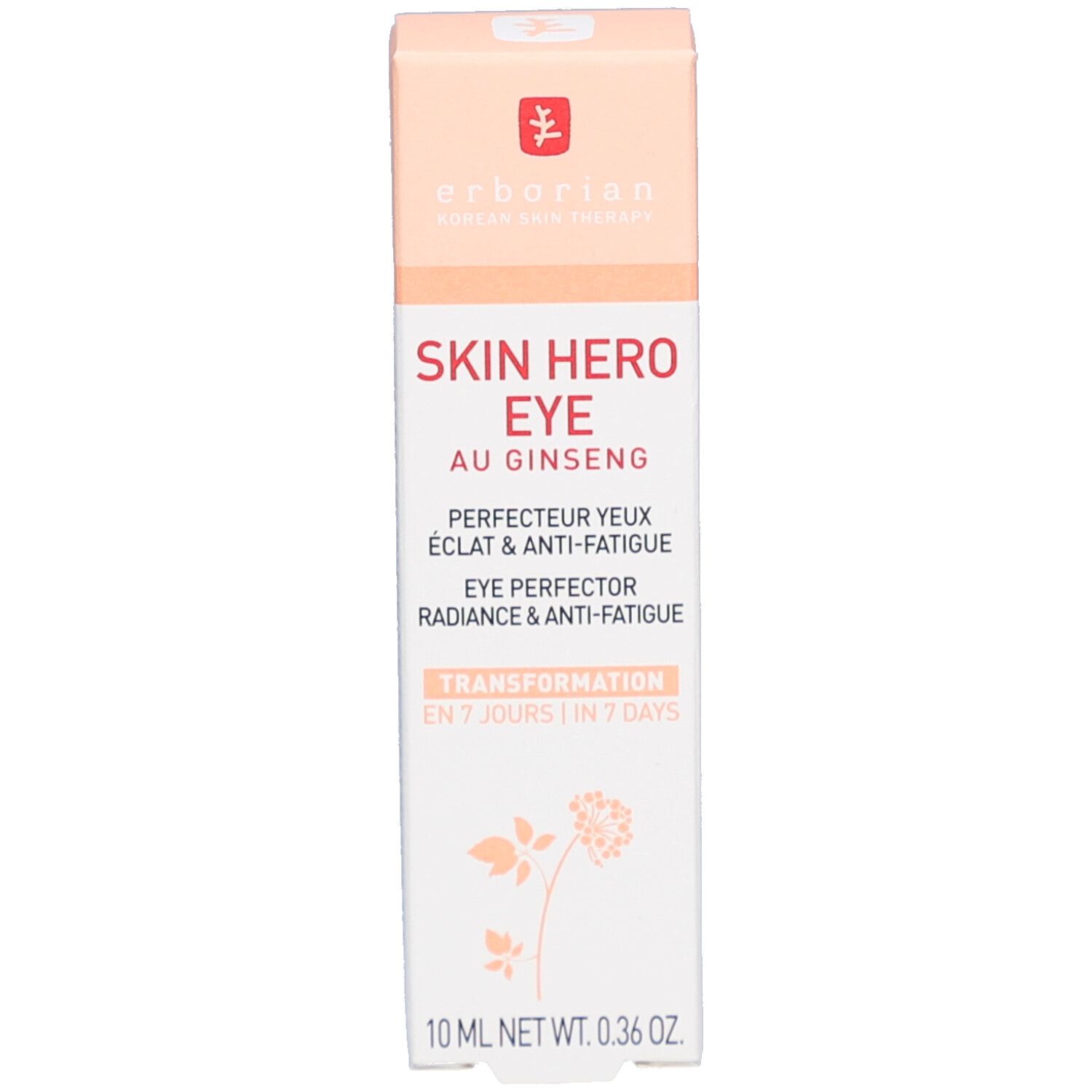 Emballage de Skin Hero Eye. Inscription: Skin Hero Eye, Eye Perfector, 10 ml. Couleurs: rose et blanc.