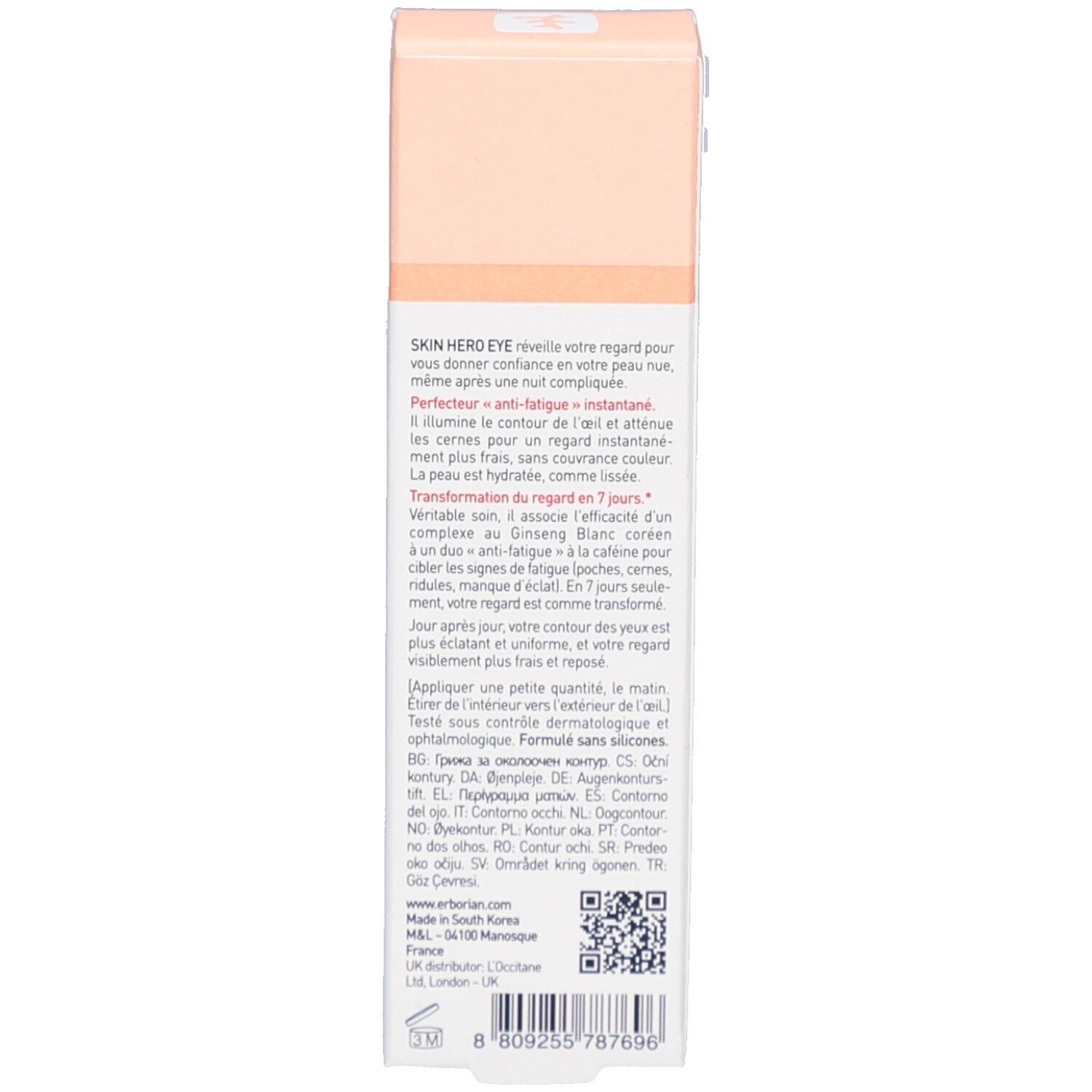 Dos de l'emballage Skin Hero Eye. Texte multilingue. Couleurs: rose et blanc.