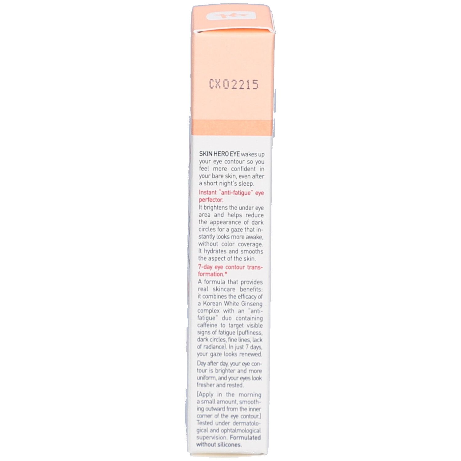 Dos de l'emballage Skin Hero Eye. Texte en anglais. Couleurs: rose et blanc.