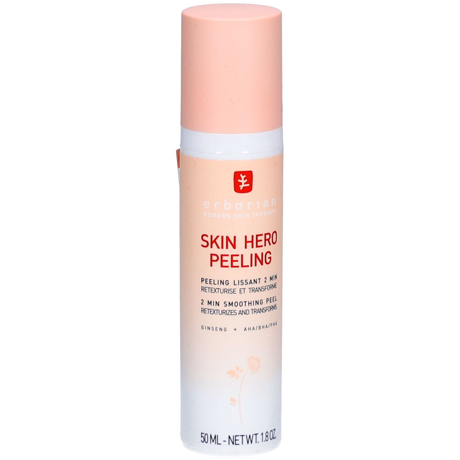 Flacon avec bouchon rose. Inscription Skin Hero Peeling. Contient du ginseng et AHA/BHA/PHA. 50 ml.