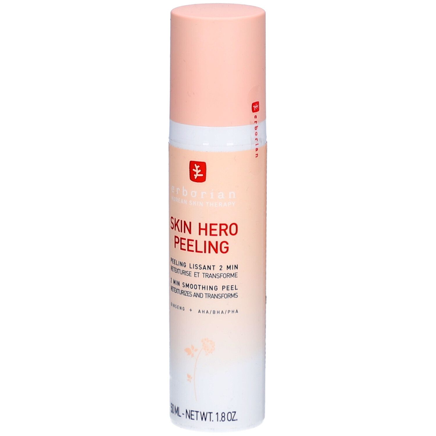 Flacon avec bouchon rose. Inscription Skin Hero Peeling. Contient du ginseng et AHA/BHA/PHA. 50 ml.