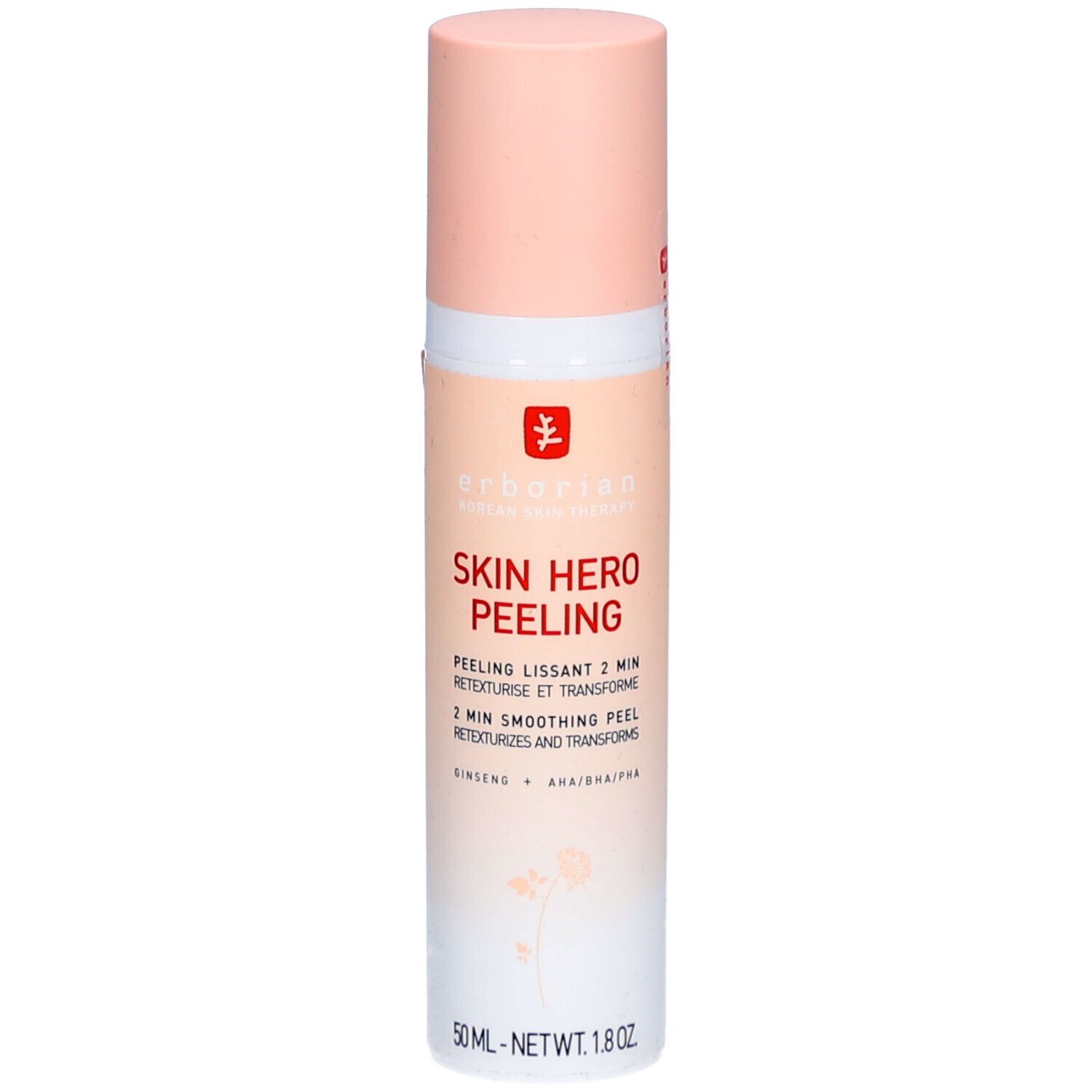 Flacon avec bouchon rose. Inscription Skin Hero Peeling. Contient du ginseng et AHA/BHA/PHA. 50 ml.
