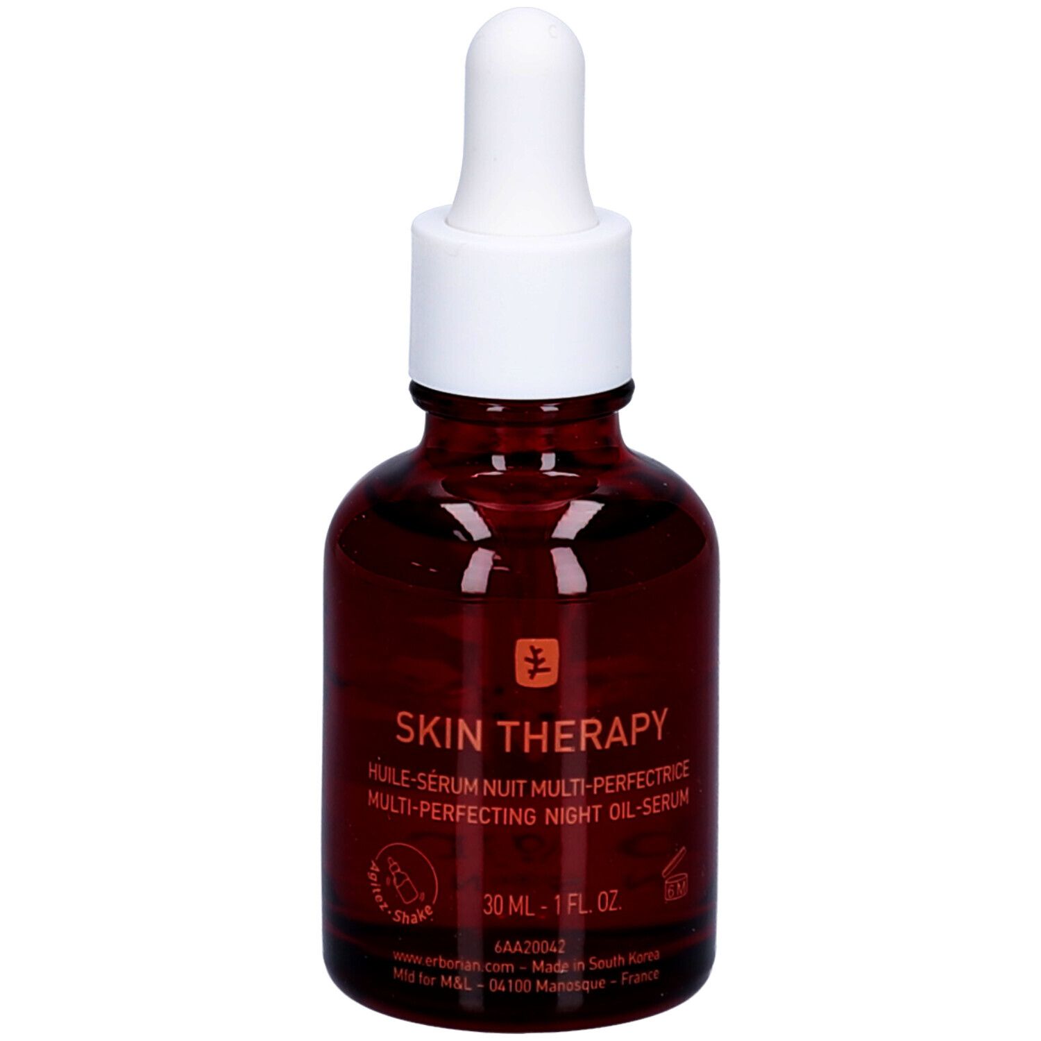 Flacon en verre brun avec bouchon compte-gouttes, Erborian Skin Therapy Oil.