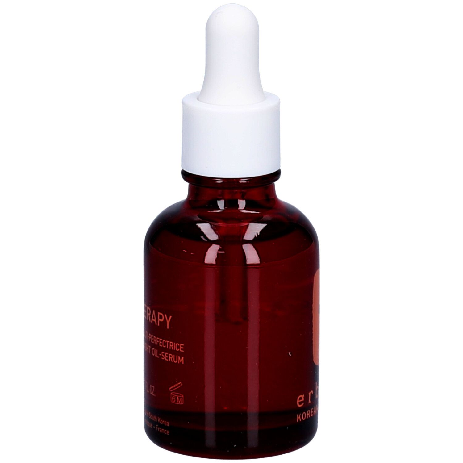 Flacon en verre brun avec bouchon compte-gouttes, Erborian Skin Therapy Oil.