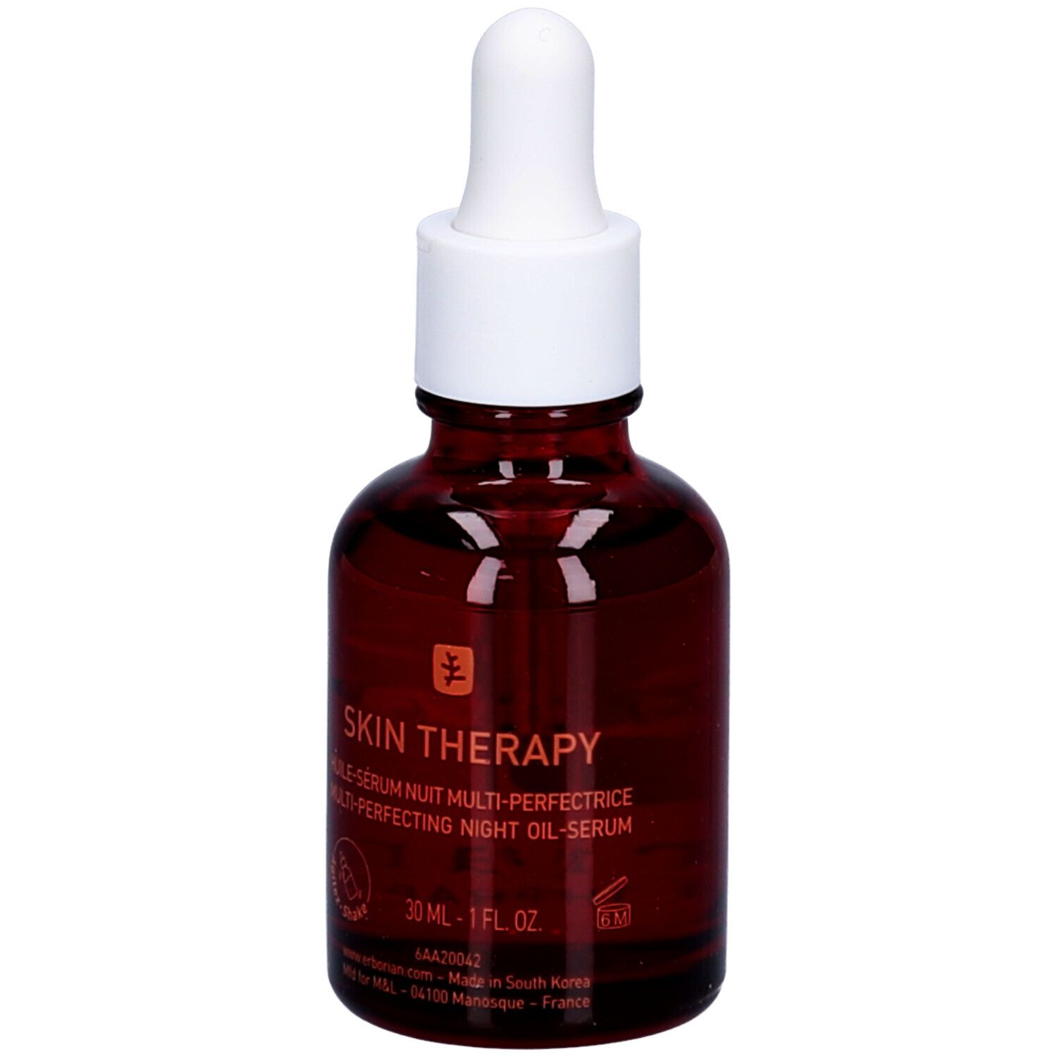 Flacon en verre brun avec bouchon compte-gouttes, Erborian Skin Therapy Oil.