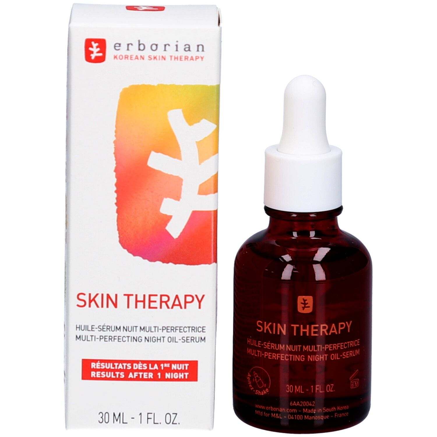 Flacon en verre brun avec bouchon compte-gouttes, Erborian Skin Therapy Oil.