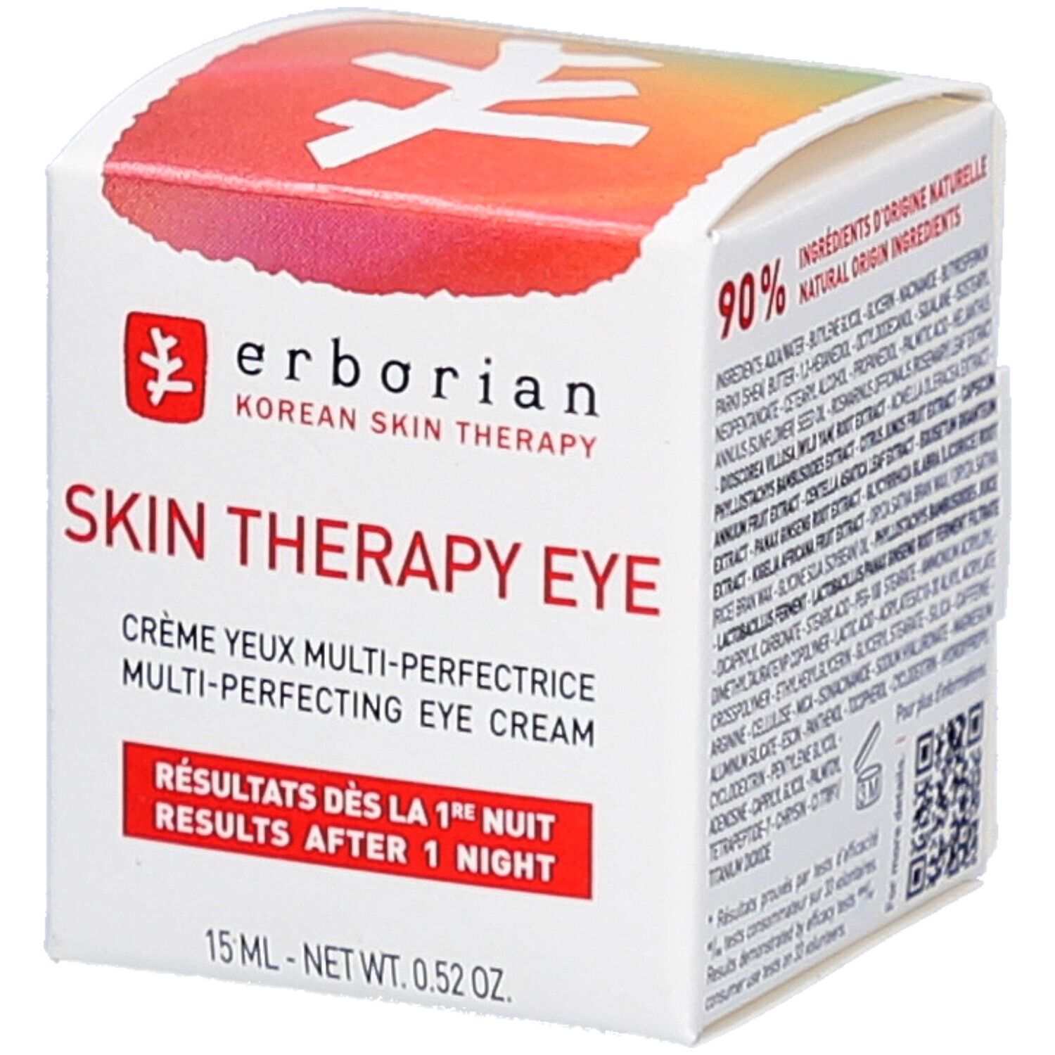 Boîte blanche avec couvercle rouge. Inscription: erborian Korean Skin Therapy Skin Therapy Eye. Texte: Crème yeux multi-perfectrice.
