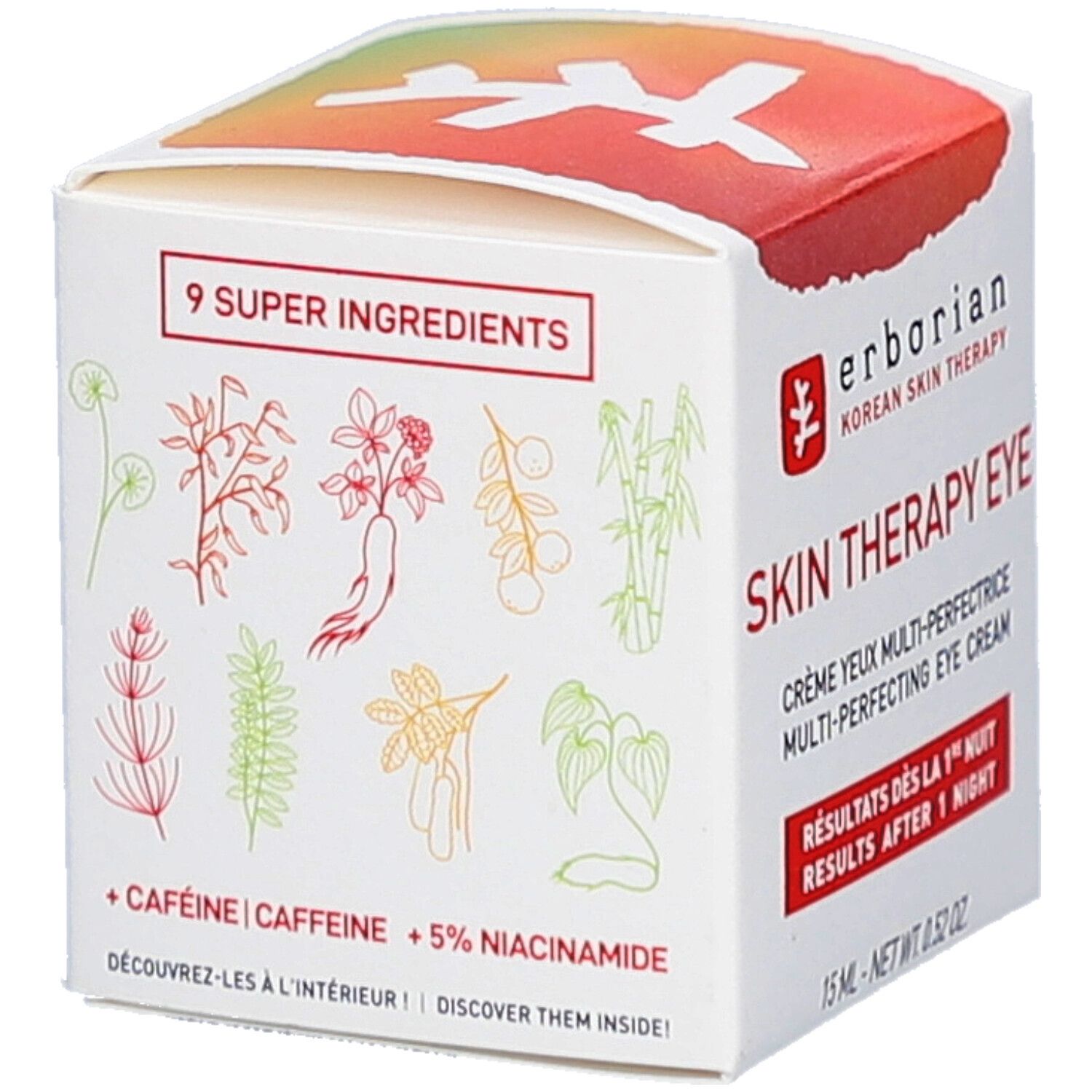Boîte blanche avec illustrations d'herbes. Inscription: erborian Korean Skin Therapy Skin Therapy Eye. Texte: 9 Super Ingredients.