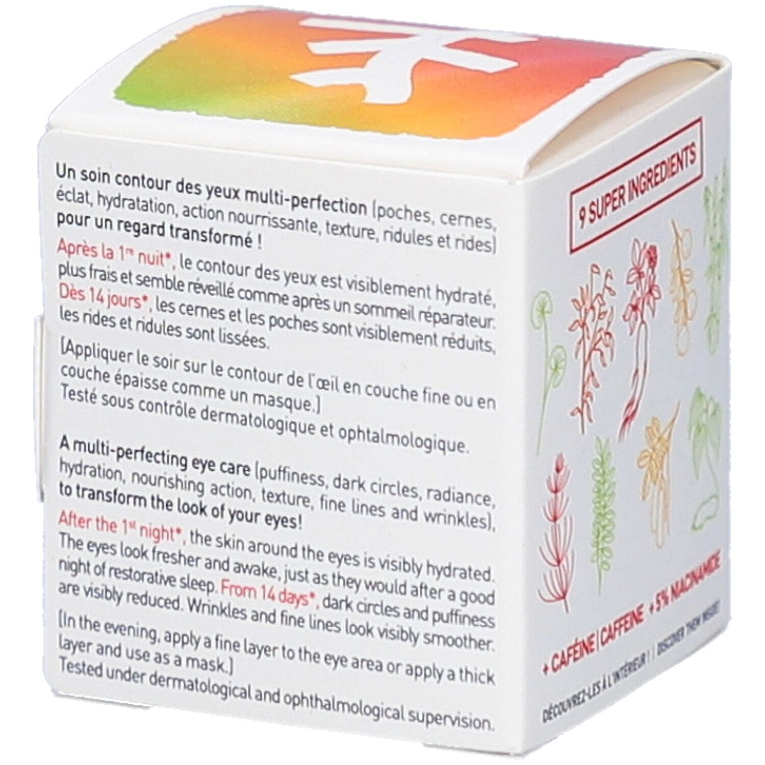 Boîte blanche avec texte en français et en anglais. Inscription: erborian Korean Skin Therapy Skin Therapy Eye. Texte: 9 Super Ingredients.