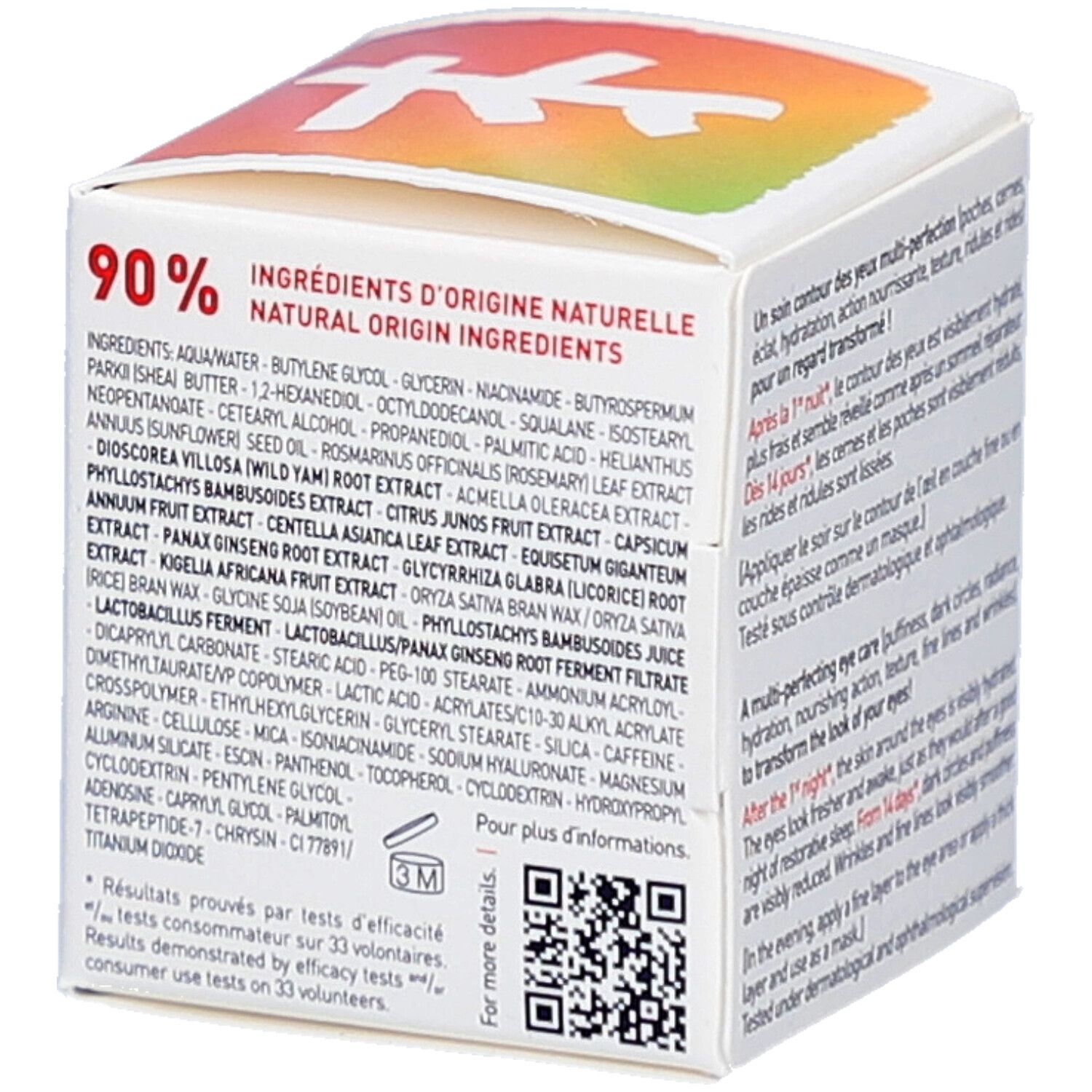 Boîte blanche avec texte et code QR. Inscription: erborian Korean Skin Therapy Skin Therapy Eye. Texte: 90% Ingrédients d'origine naturelle.