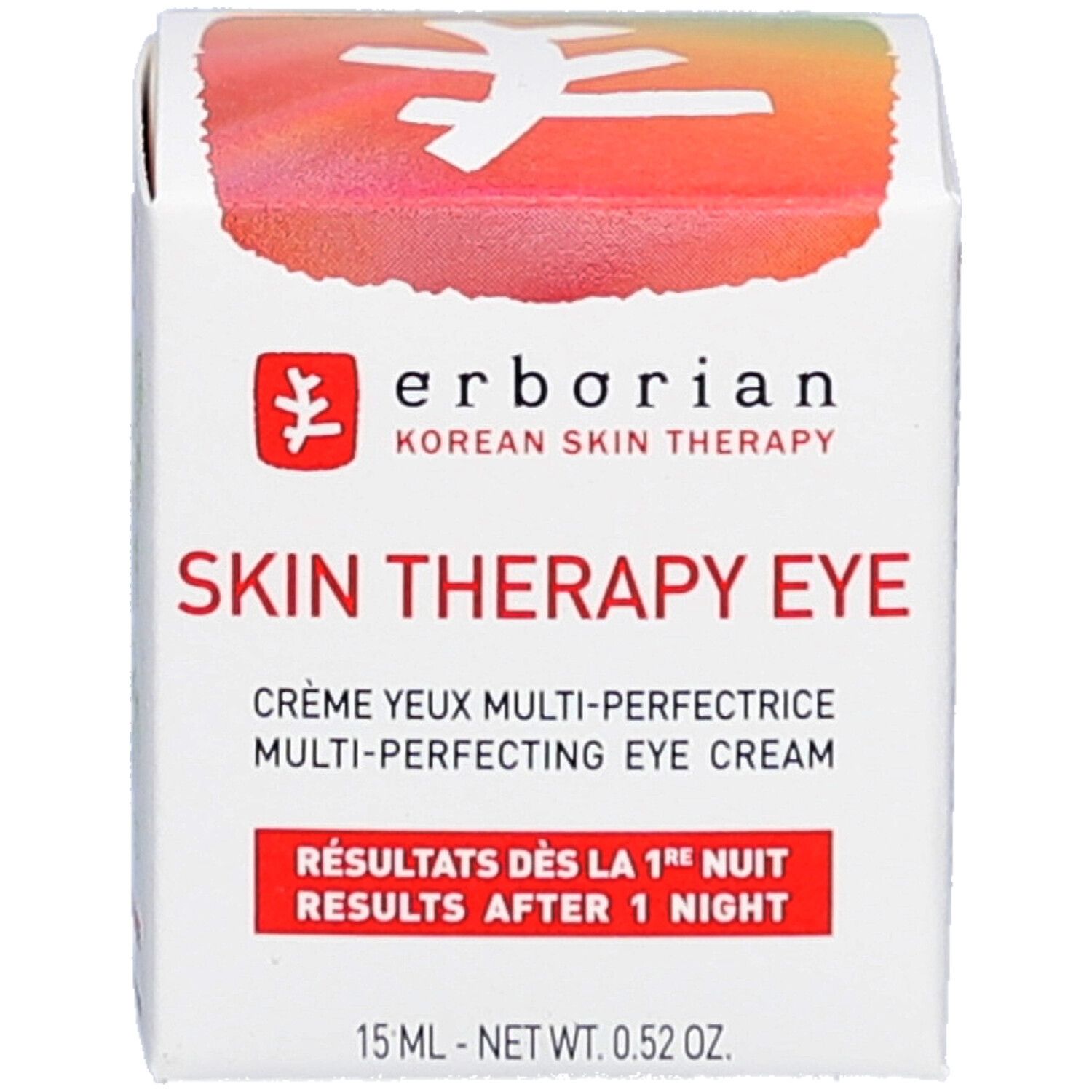 Boîte blanche avec couvercle rouge. Inscription: erborian Korean Skin Therapy Skin Therapy Eye. Texte: Crème yeux multi-perfectrice.