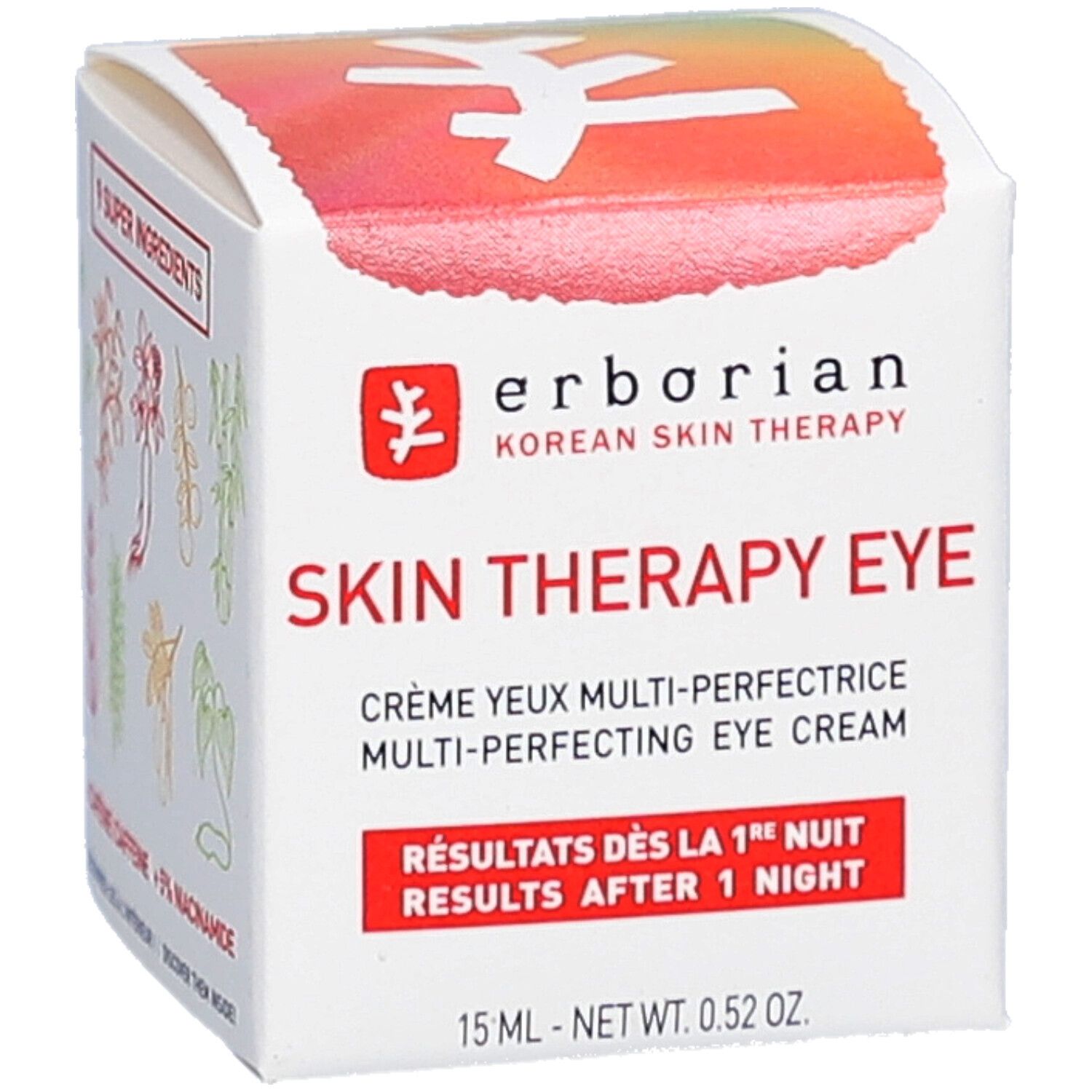 Boîte blanche avec illustrations d'herbes. Inscription: erborian Korean Skin Therapy Skin Therapy Eye. Texte: Crème yeux multi-perfectrice.