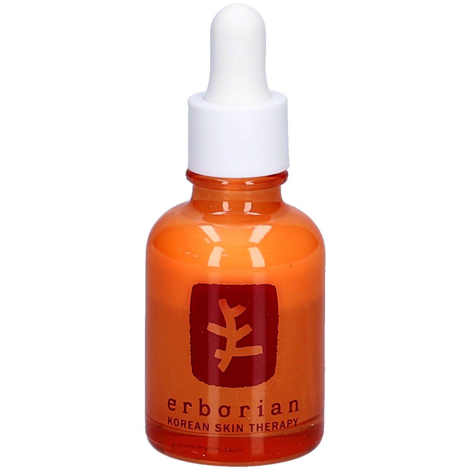 Flacon en verre orange avec bouchon et pipette blancs. Inscription "erborian Korean Skin Therapy" sur le flacon.