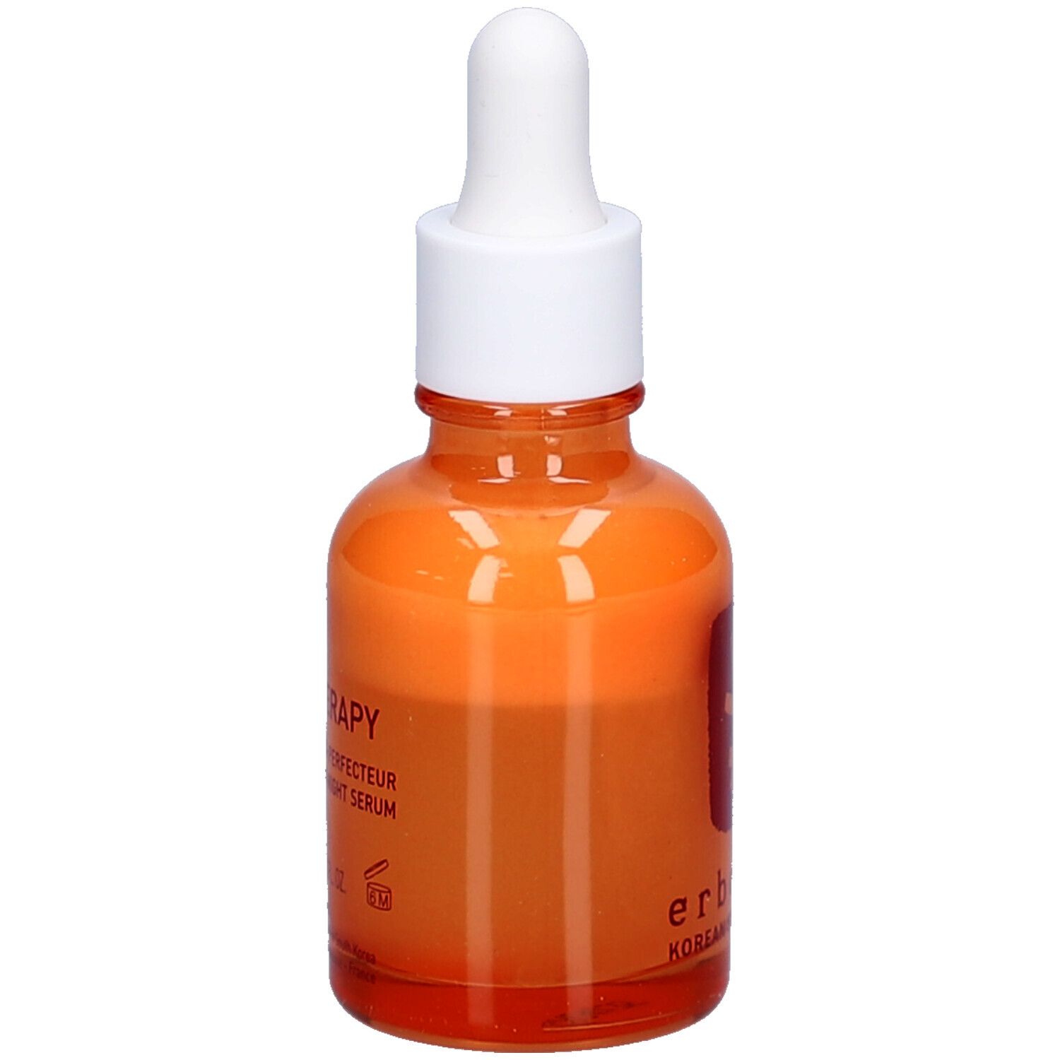 Flacon en verre orange avec bouchon et pipette blancs. Inscription "erborian Korean Skin Therapy" sur le flacon.