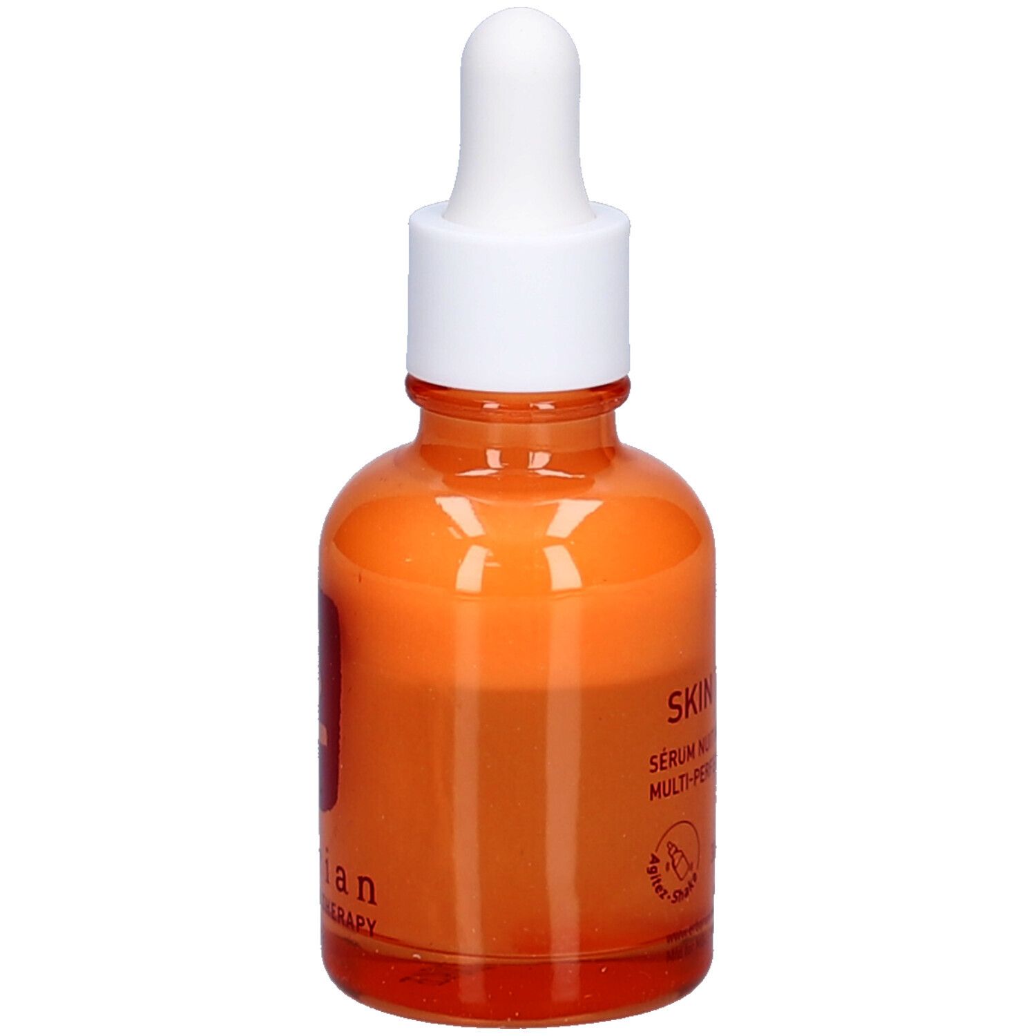 Flacon en verre orange avec bouchon et pipette blancs. Inscription: Skin Therapy Sérum Nuit Multi-Perfecteur.