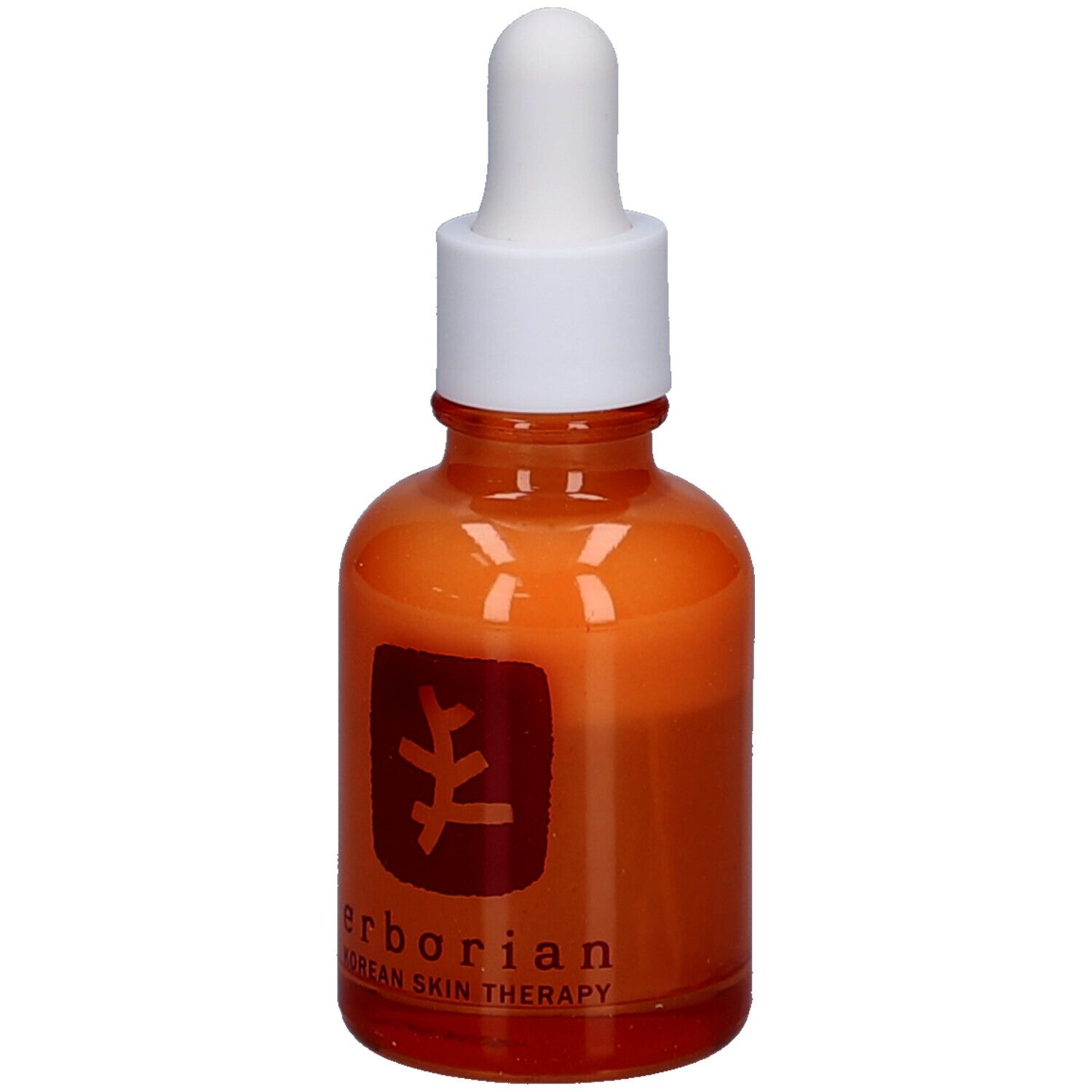 Flacon en verre orange avec bouchon et pipette blancs. Inscription "erborian Korean Skin Therapy" sur le flacon.