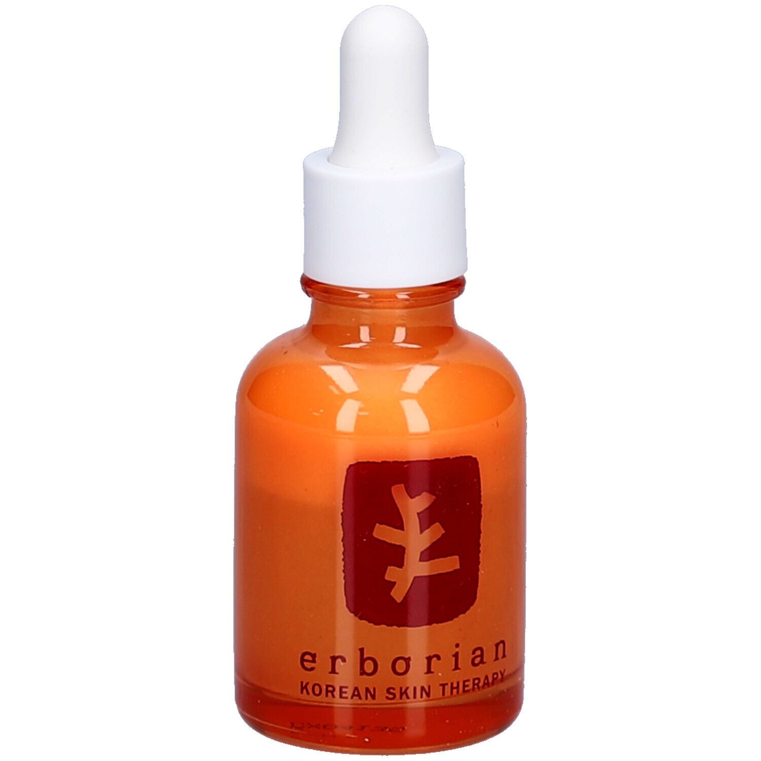Flacon en verre orange avec bouchon et pipette blancs. Inscription "erborian Korean Skin Therapy" sur le flacon.