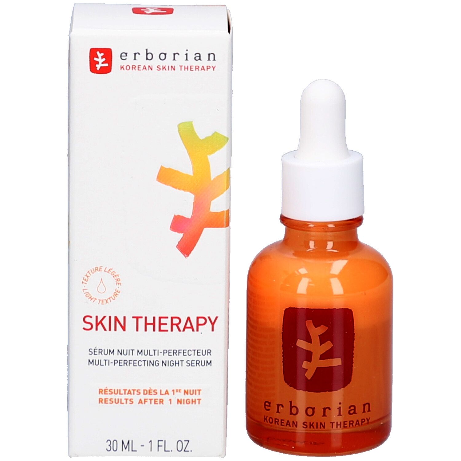 Flacon et emballage. Flacon : orange, bouchon blanc, pipette. Emballage : blanc, inscription Skin Therapy.