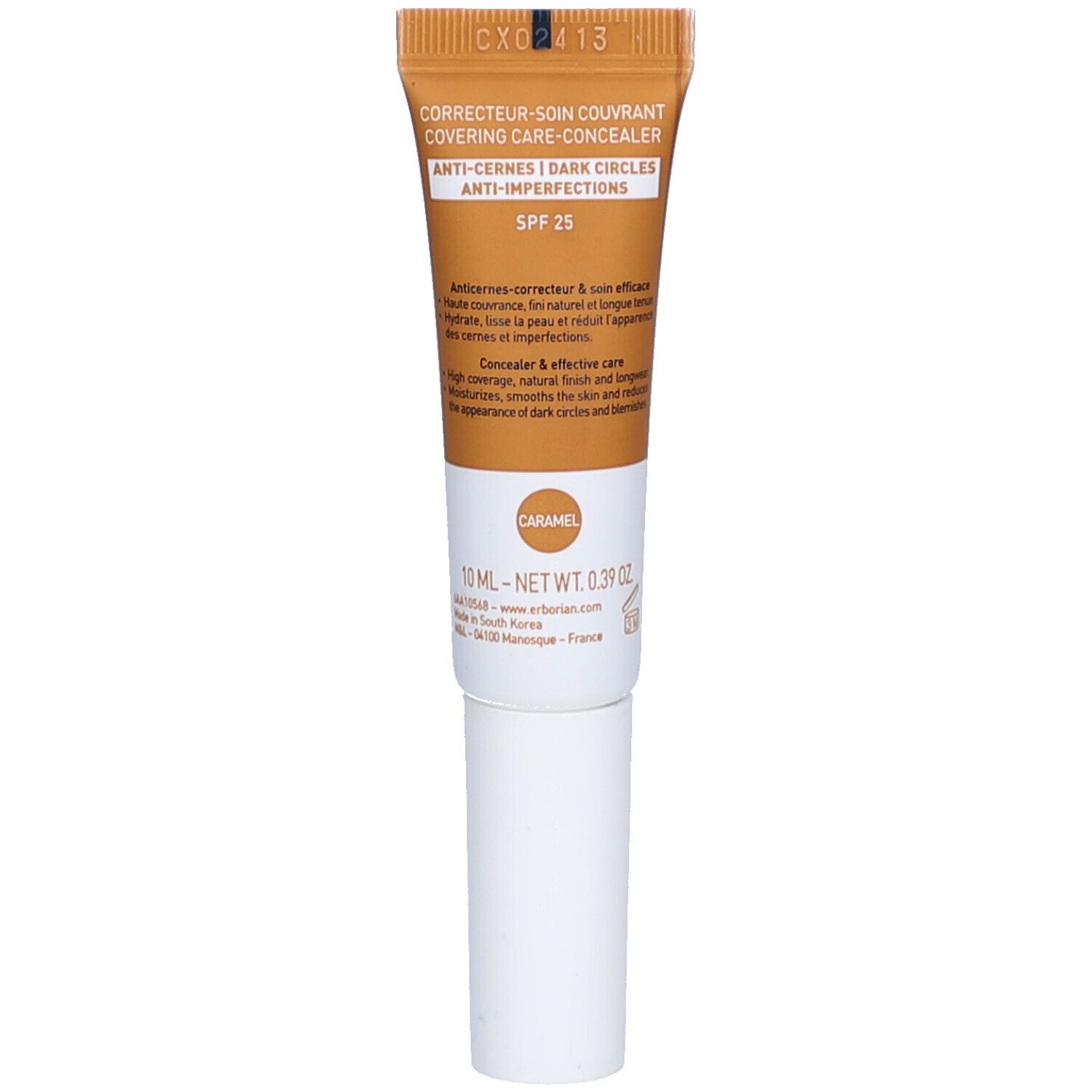 Dos du tube de correcteur. Texte: Corrector-soin couvrant. Anti-cernes. SPF 25. Teinte Caramel. Marque Erborian.