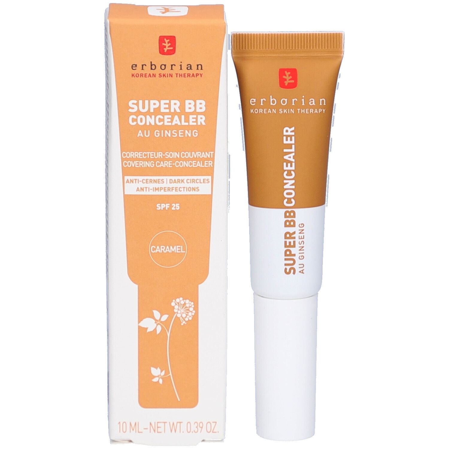 Tube de correcteur et emballage. Emballage orange avec texte et illustration. Tube or et blanc. Marque Erborian.